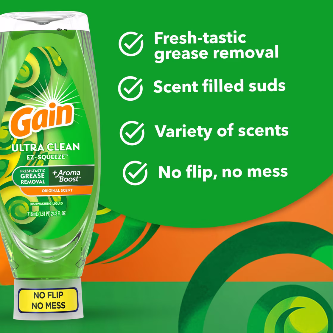 Gain Ultra Original EZ-Squeeze Dish Soap, Dishwashing Liquid, Summer Watermelon, 24.3 fl oz