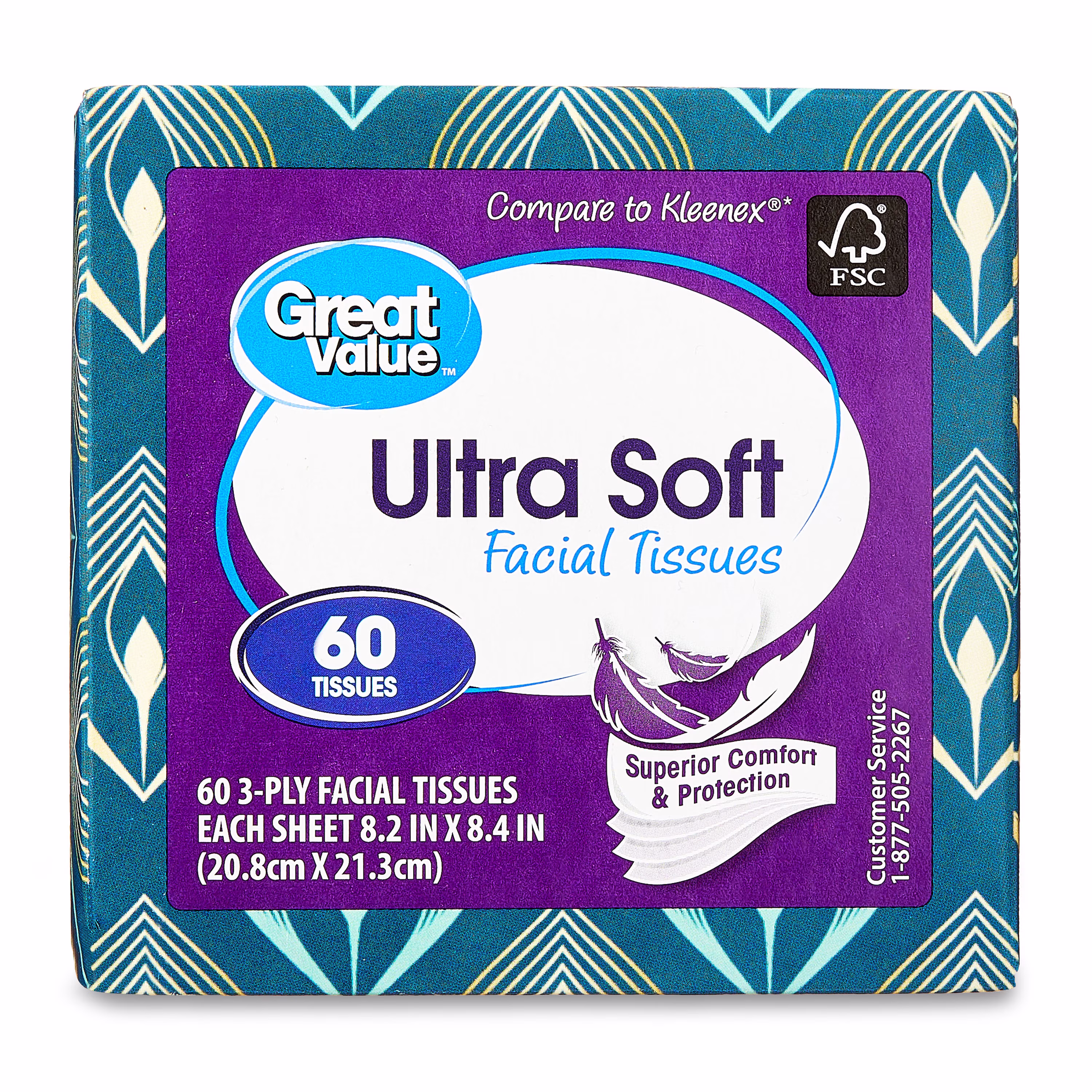 Great Value Ultra Soft Facial Tissues, 1 Cube, 60 Tissues, 3-Ply, Compare to Kleenex®