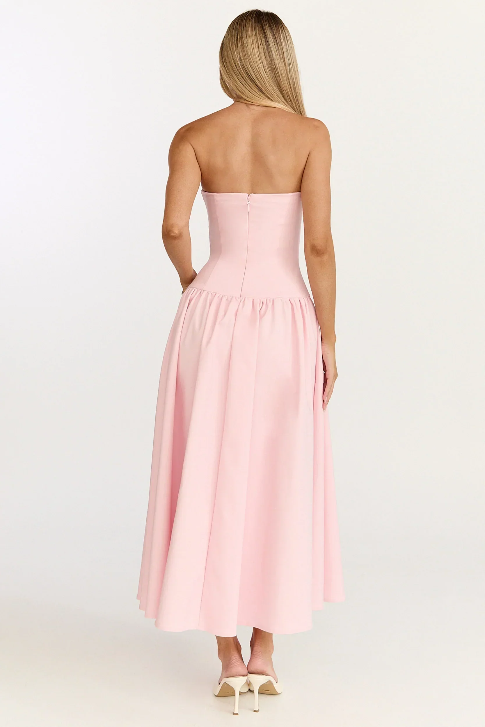 Louisa Maxi Dress - Strapless Side Ruched Dropped Waist Fit And Flare Dress in Pink