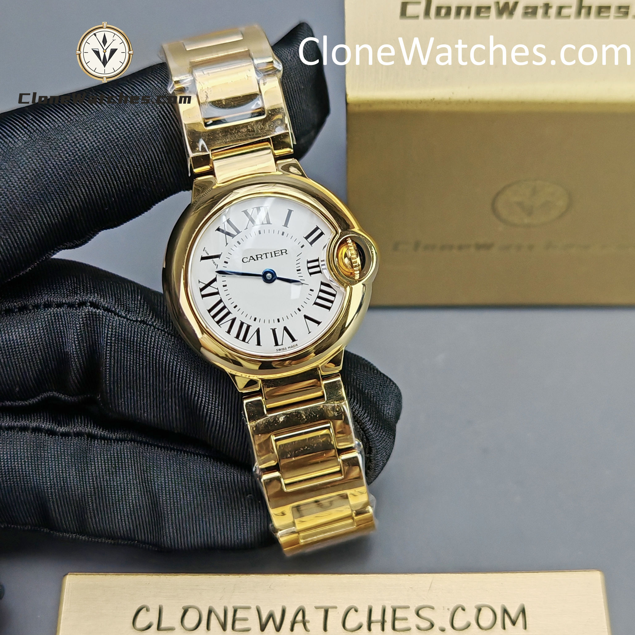 Cartier Super Clone Watches 1:1 Ballon Bleu de 18K Gold W69001Z2 Silver Dial 28mm