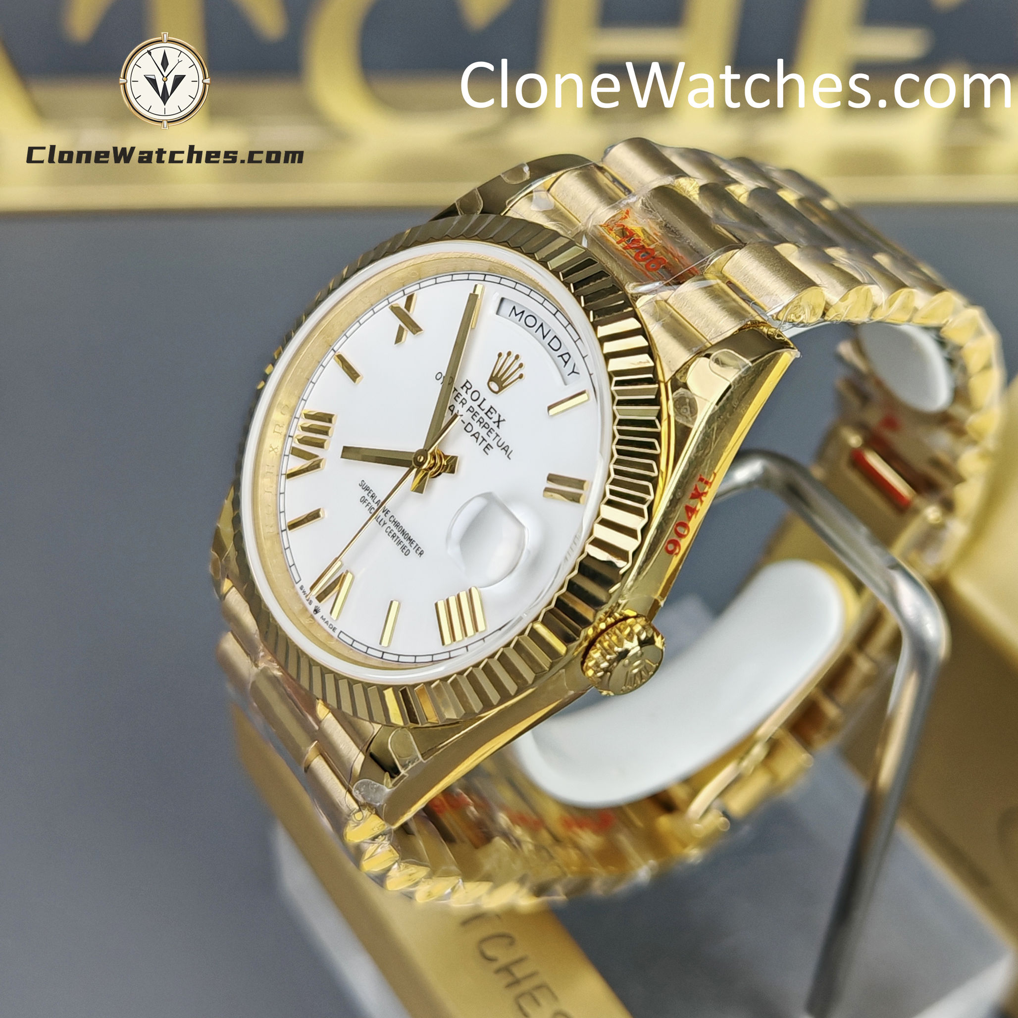 Rolex Super Clone Watches 1:1 Day Date 18K Gold White Dial 40mm m228238-0042 3255 Movement