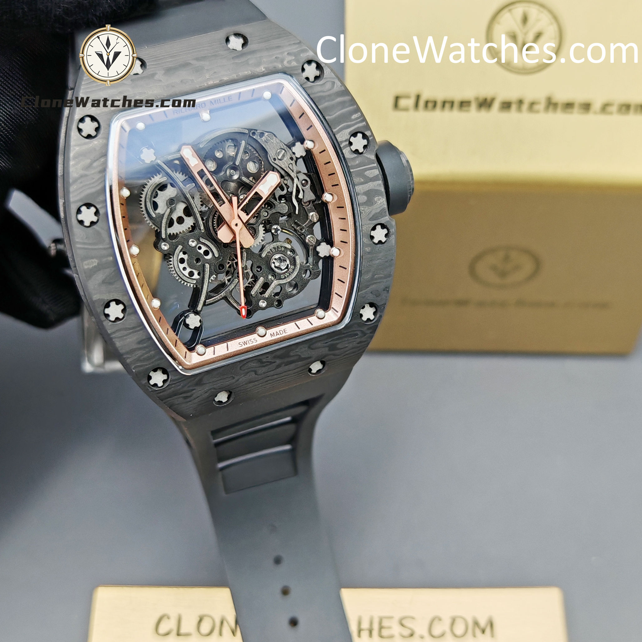 Richard Mille Super Clone Watches 1:1 RM 055 Carbon Tourbillon Black Strap