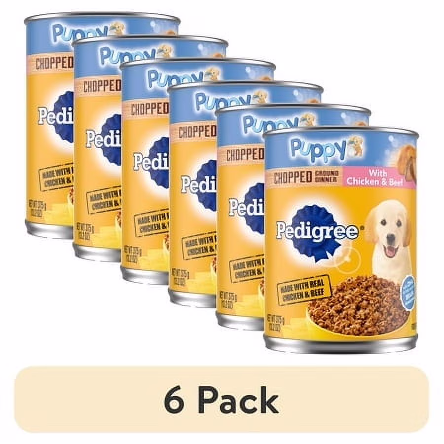 (6 pack) Pedigree Puppy Lamb & Rice Chopped Ground Dinner With Chicken & Beef Wet Puppy Food, (12) 13.2 Oz Cans
