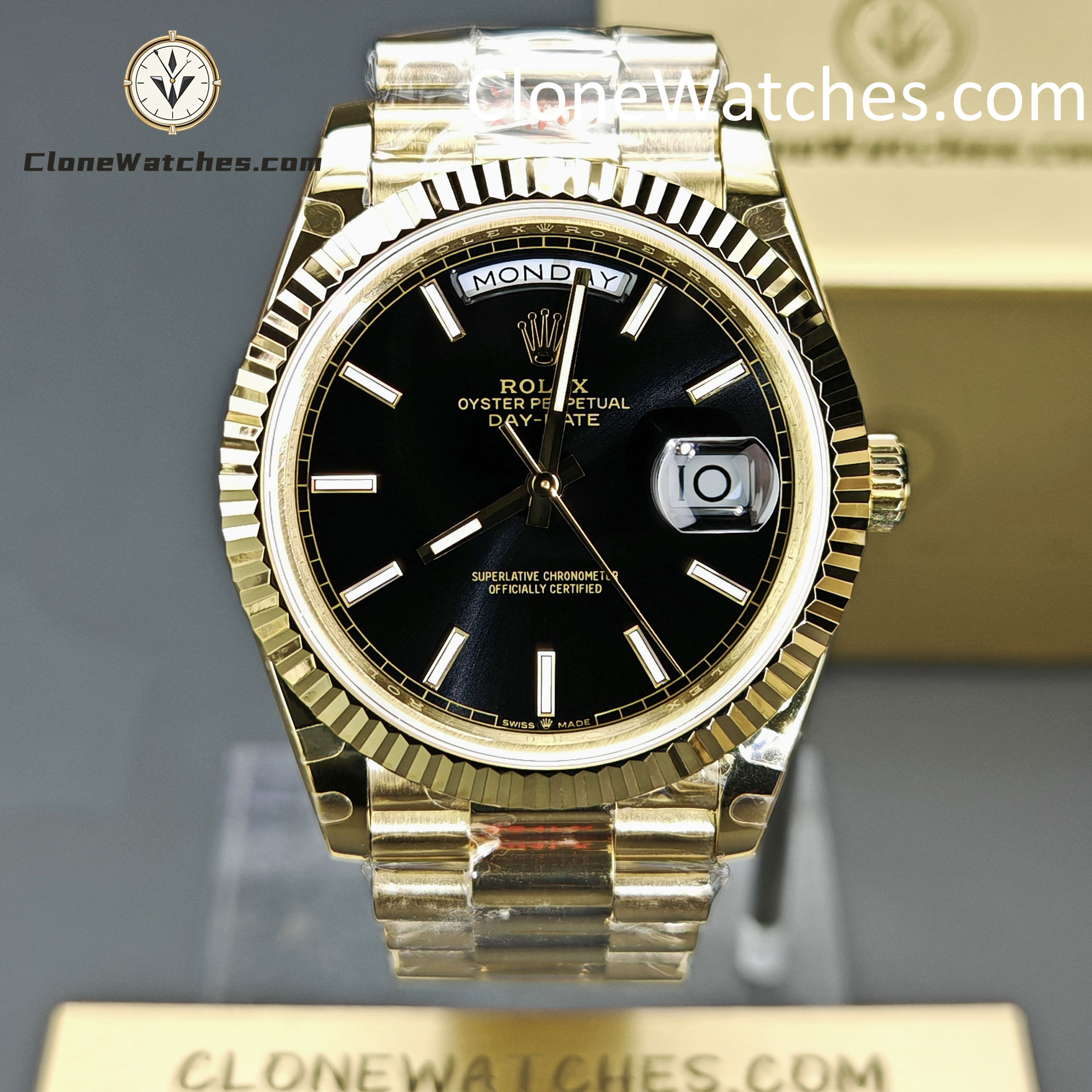 Rolex Super Clone Watches 1:1 Day Date 18K Gold Black Dial 40mm m228238-0067 3255 Movement