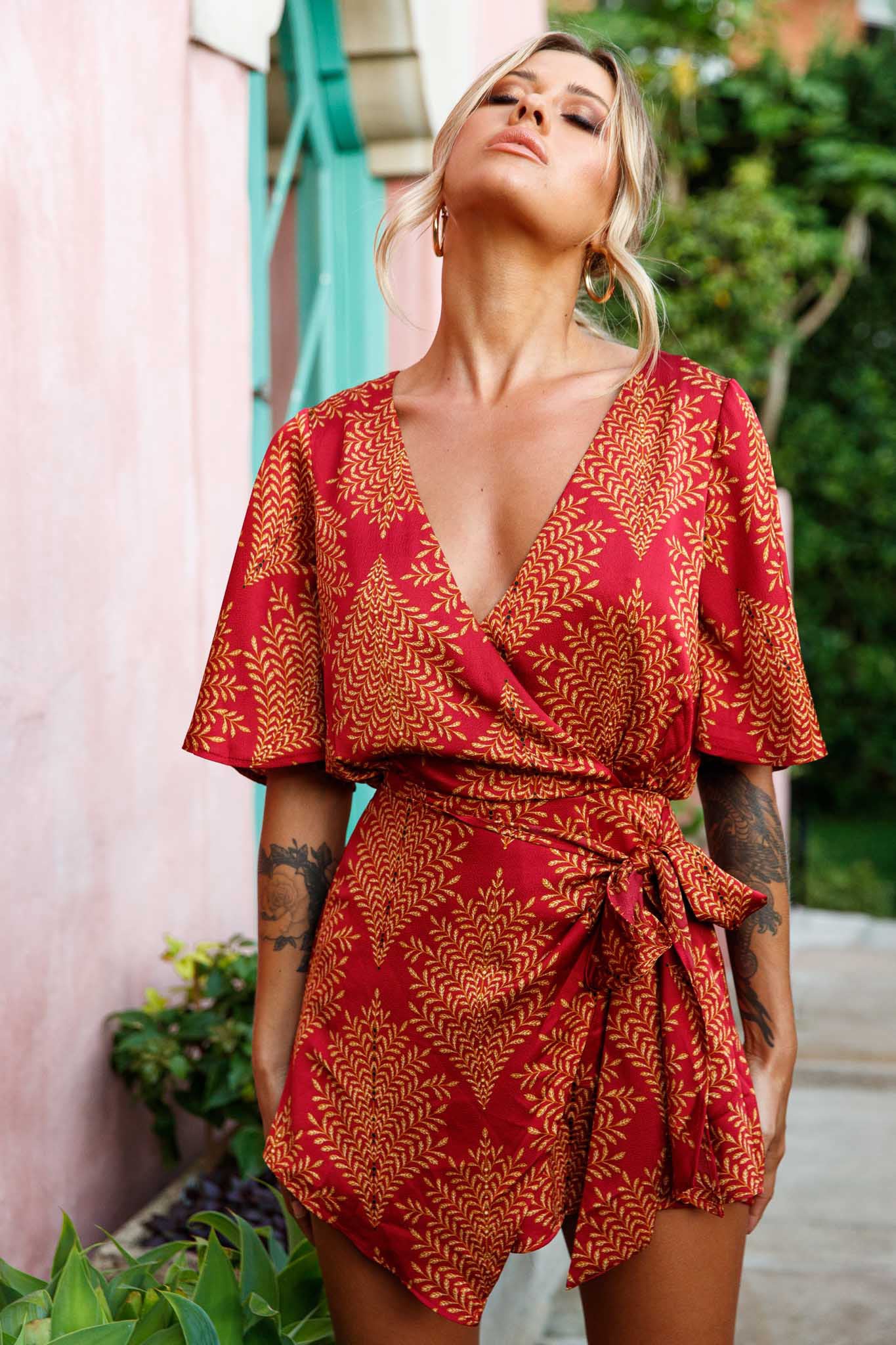 Nadi V-Neckline Wrap Romper Leaf Print Wine