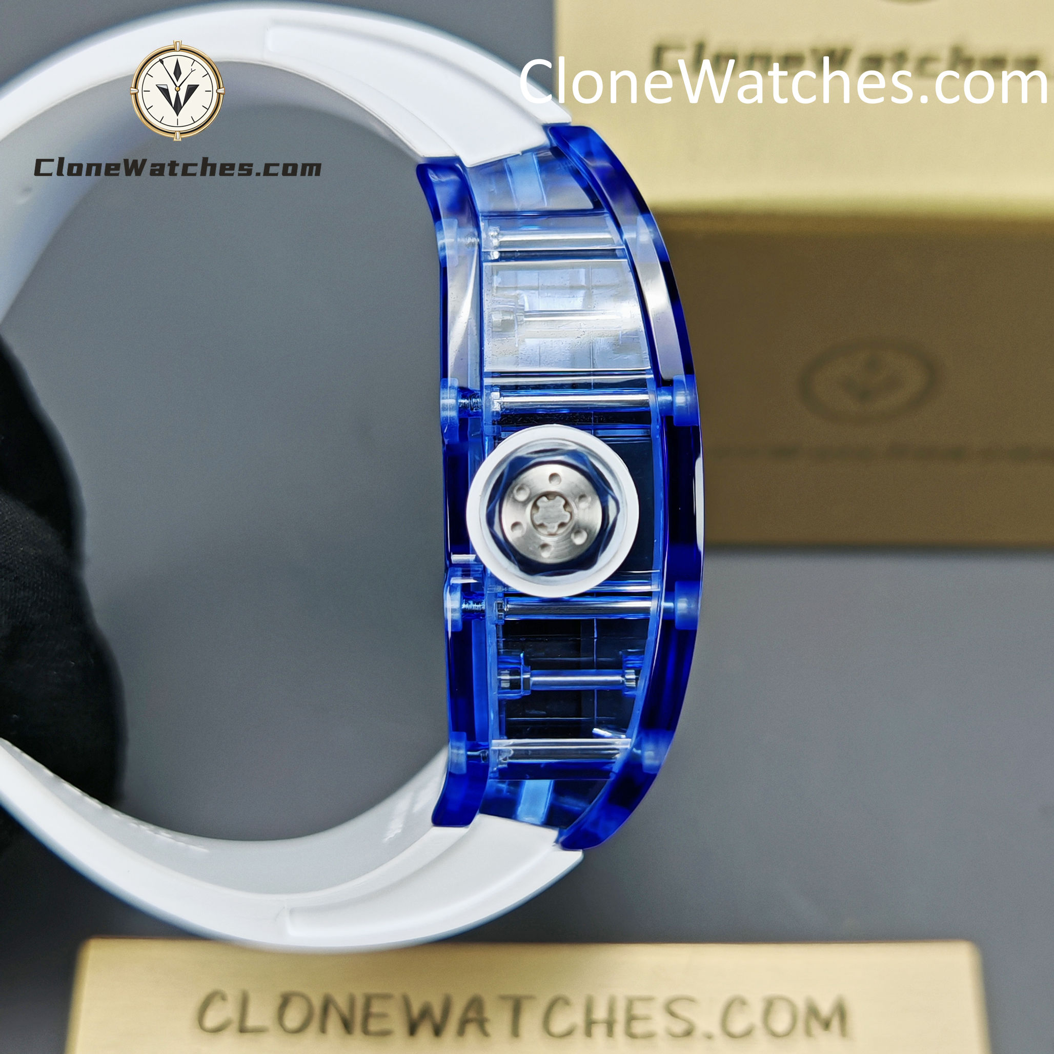 Richard Mille Super Clone Watches 1:1 RM 035 Blue Crystal Tourbillon Transparent Strap