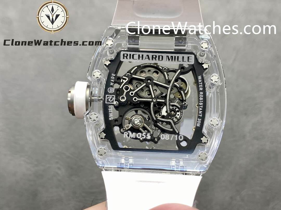 Richard Mille Super Clone Watches 1:1 RM 055 Ceramics Tourbillon Fully Transparent White Strap