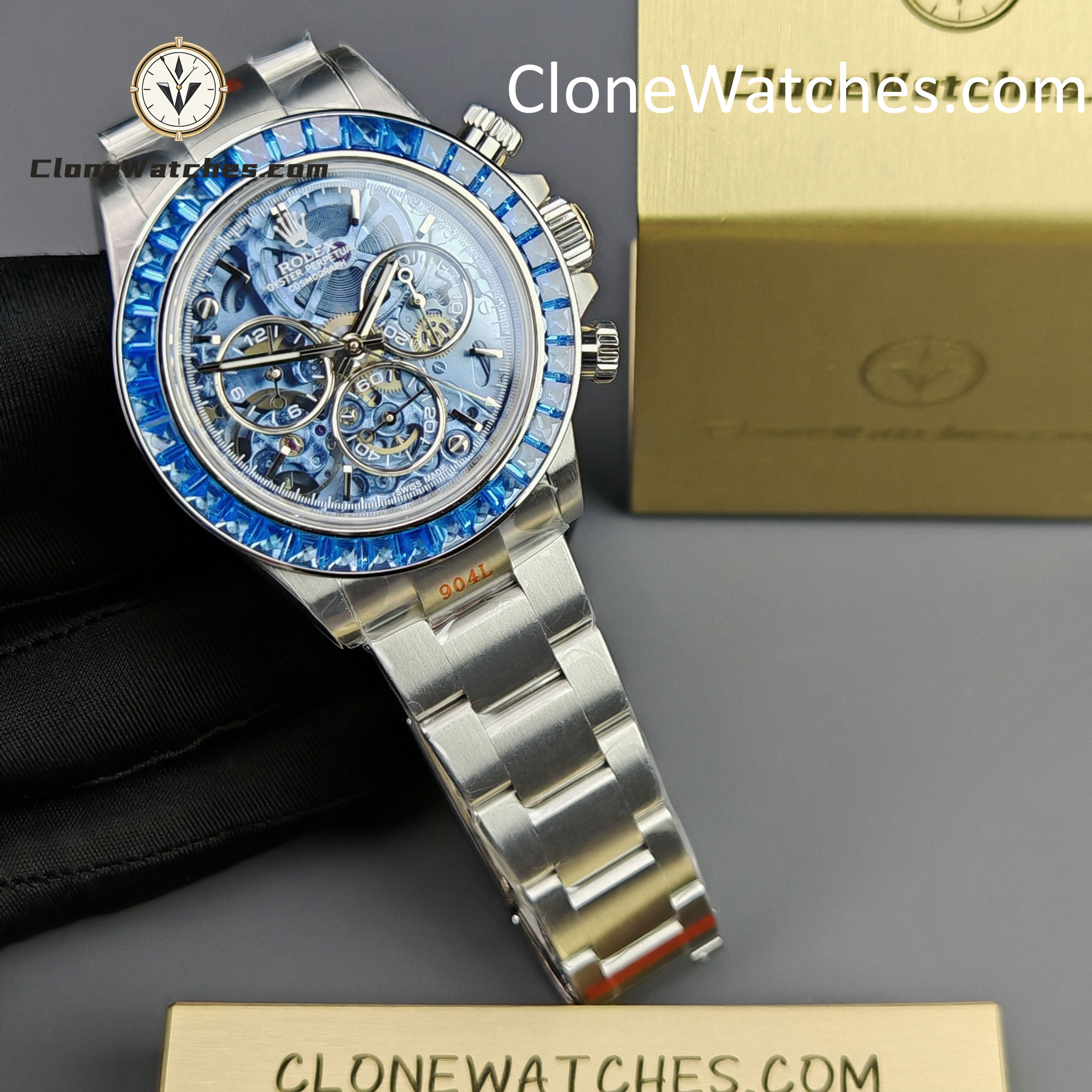 Rolex Super Clone Watches 1:1 Daytona Arolla Blue Crystal Skeleton Dial Diamonds Bezel 4130 Movement