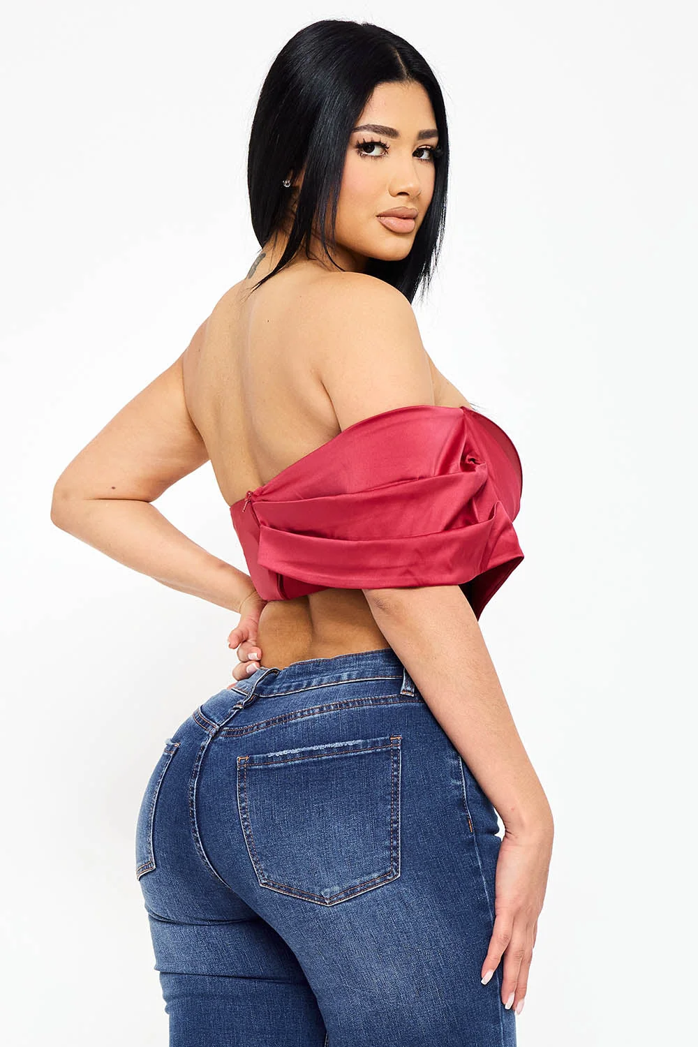 Symphony Top - Pearl Satin One Shoulder Off The Shoulder Crop Top