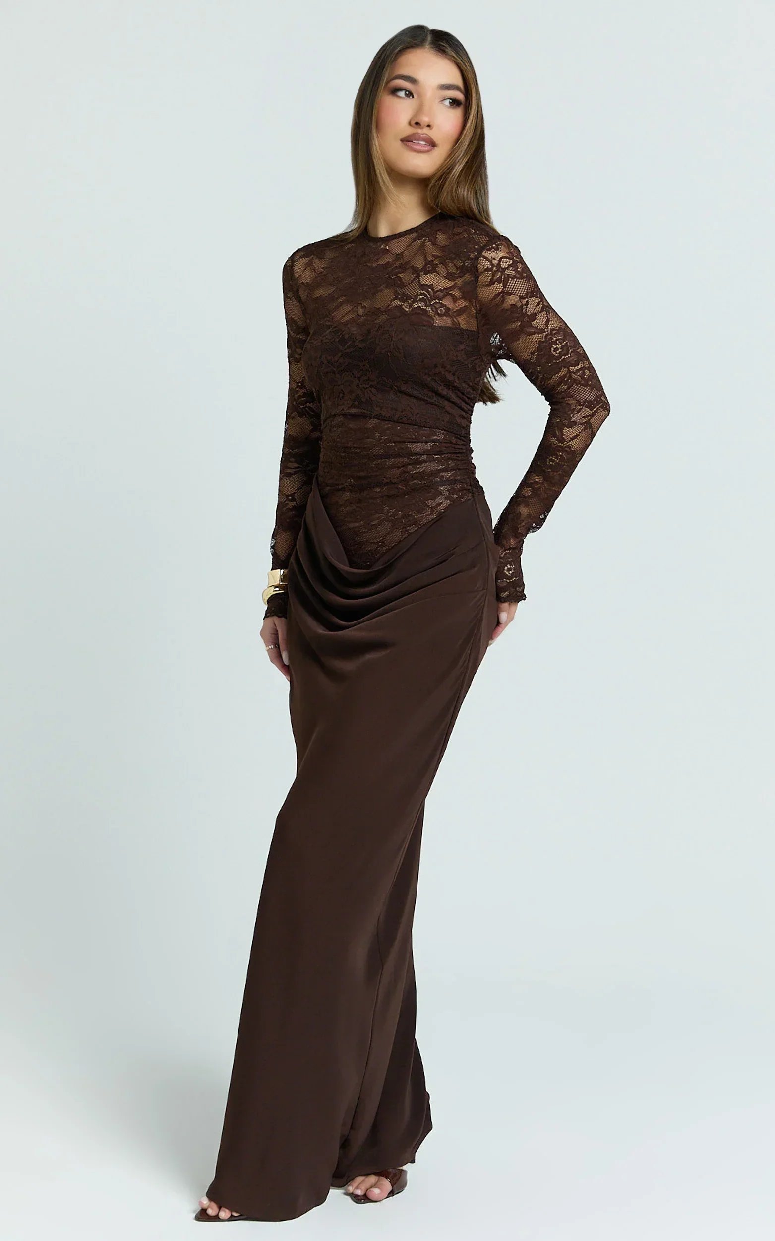 Crisanta Maxi Dress - Long Sleeve Contrast Lace Bodycon Dress in Chocolate