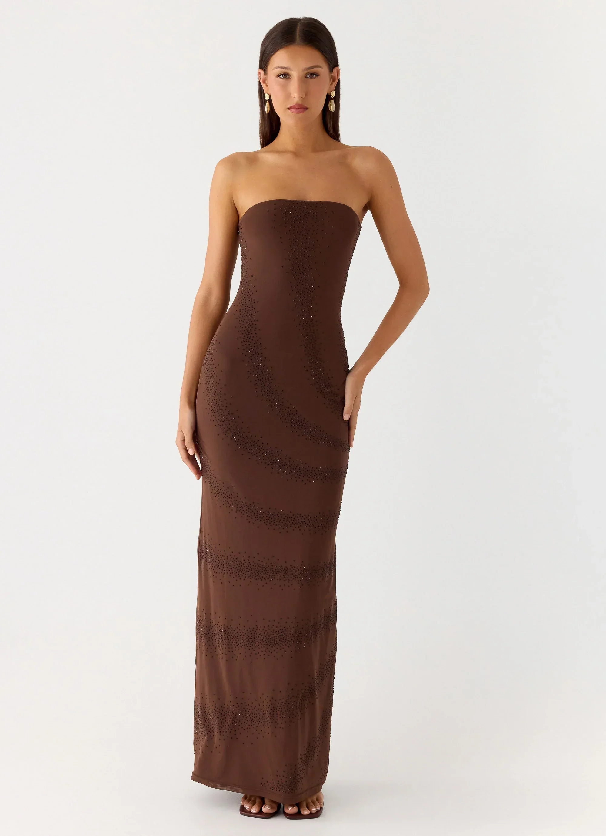 Belisse Beaded Mesh Maxi Dress - Chocolate