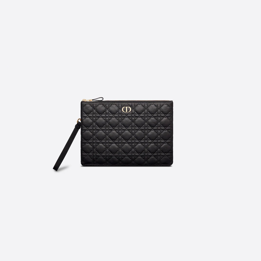 LARGE DIOR CARO DAILY POUCH Black Supple Cannage Calfskin