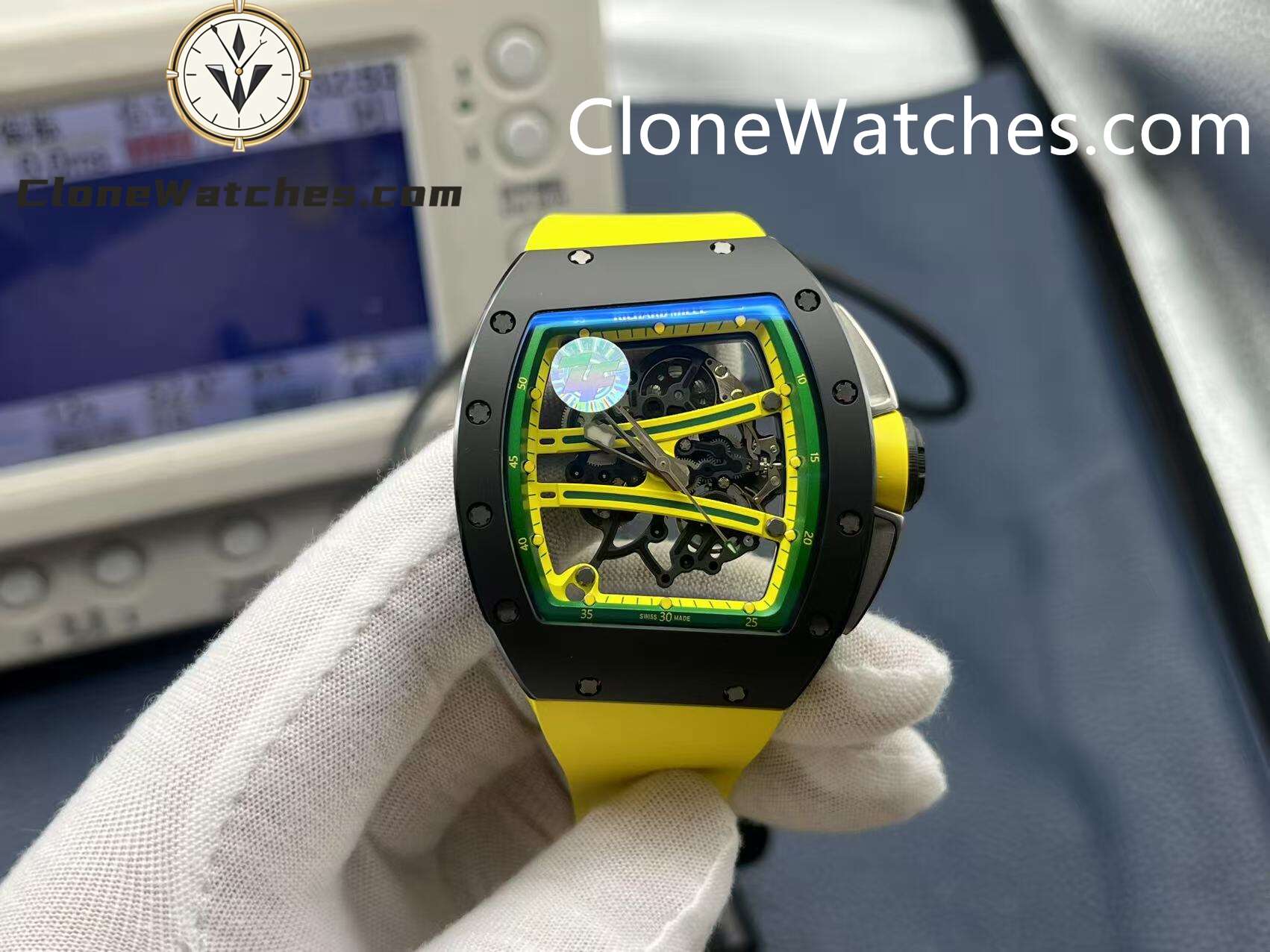 Richard Mille Super Clone Watches 1:1 RM 61-01 Black Tourbillon Yellow Strap