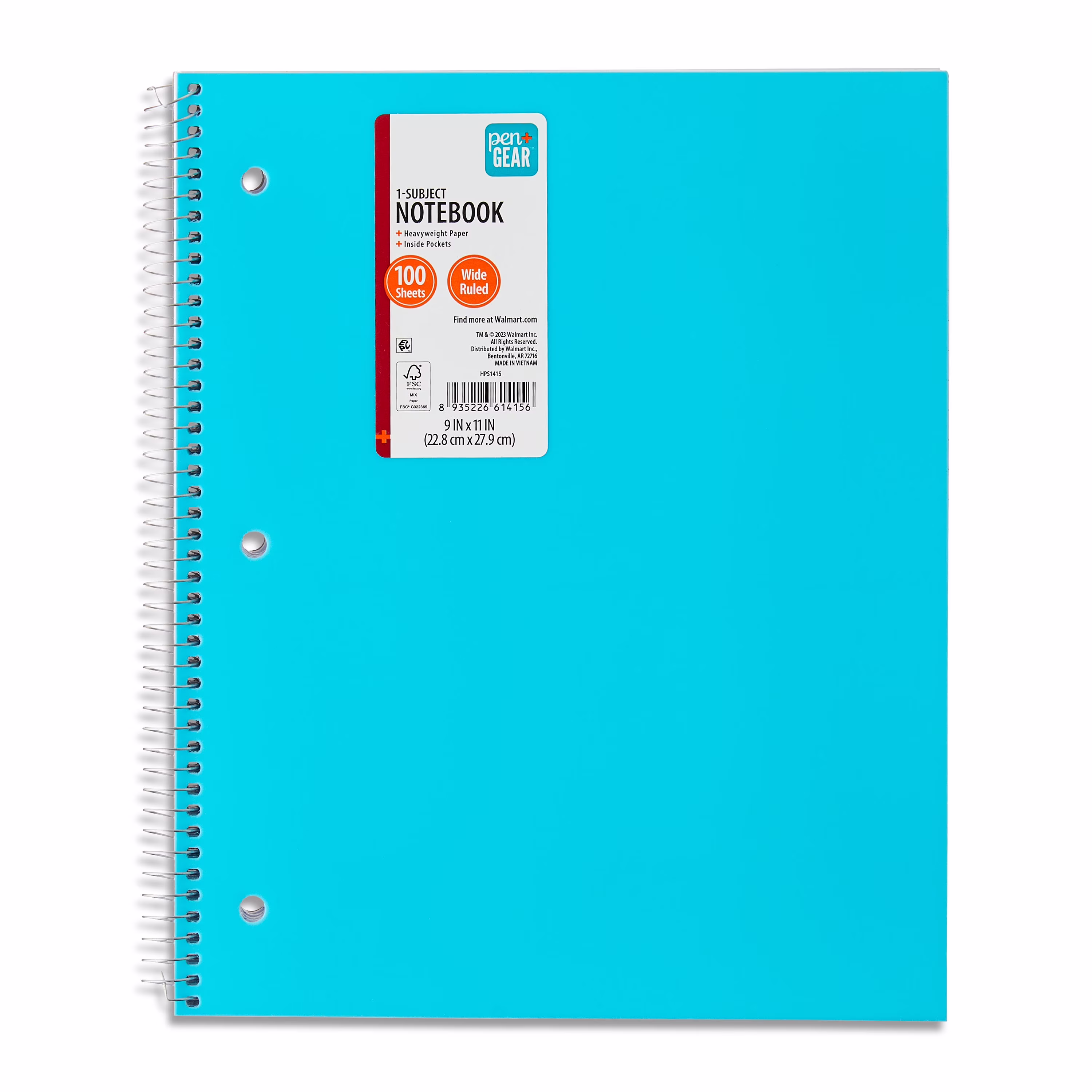 Pen+Gear Poly 1-Subject Spiral Notebook, Wide Ruled, 9 in x 11 in, 100 Sheets, Green