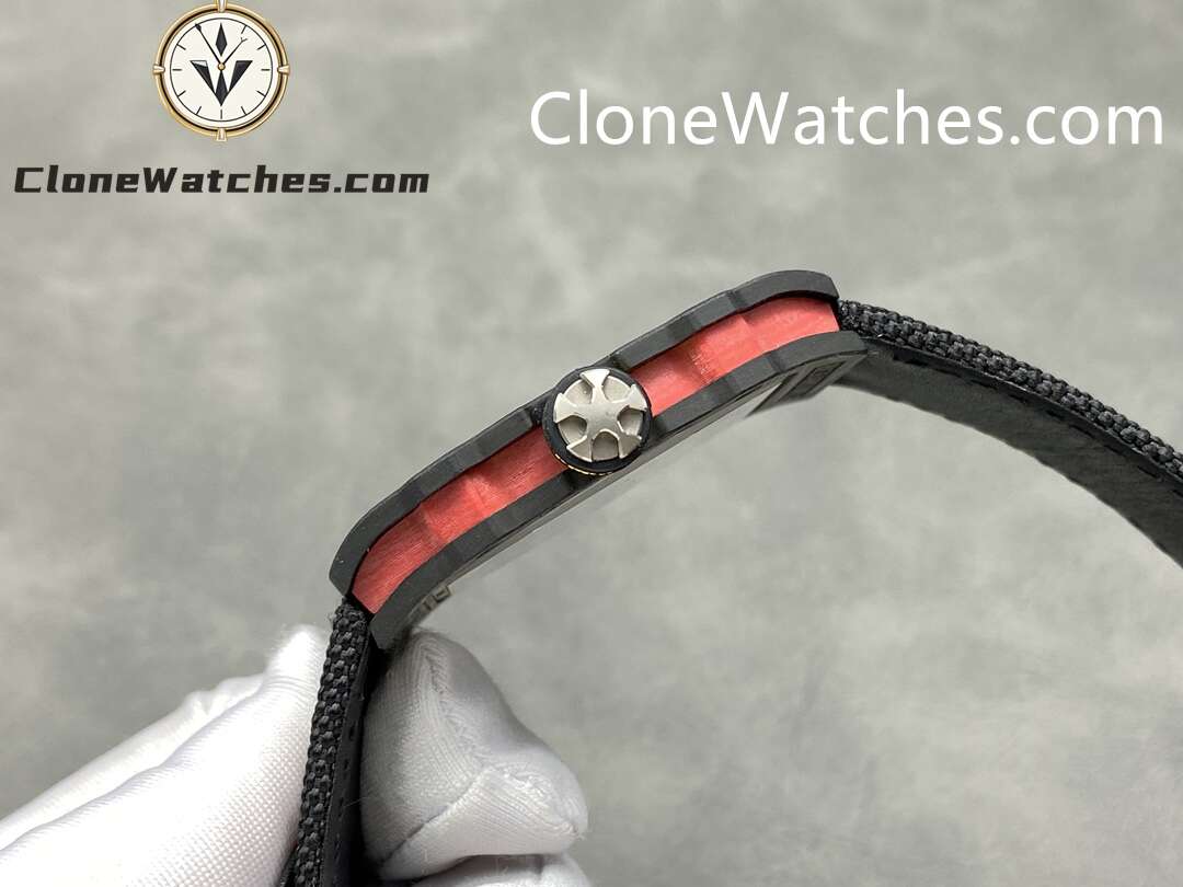Richard Mille Super Clone Watches 1:1 RM 67 – 02 Carbon Tourbillon Red & Yellow Inner Bezel Black Strap