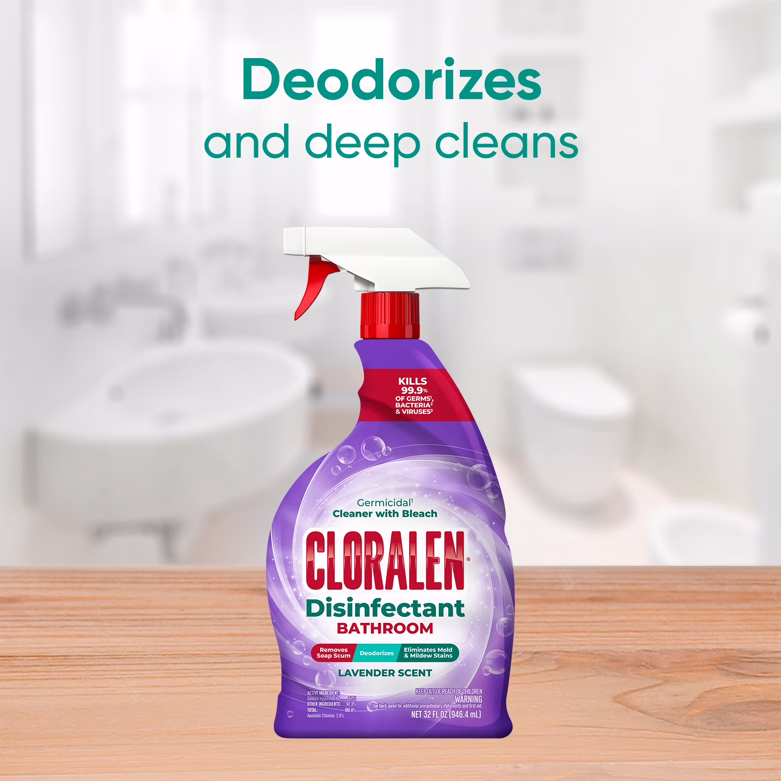 CLORALEN All Purpose Bathroom Cleaner Spray with Bleach, Lavender, 32 fl oz
