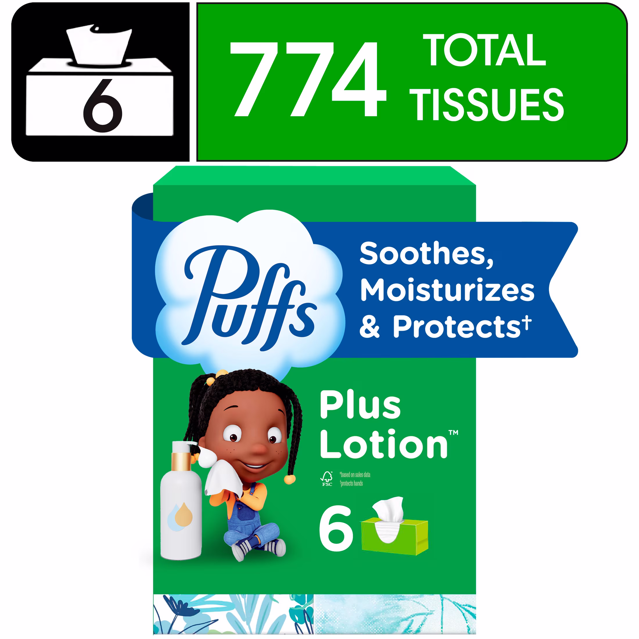 Puffs Facial Tissue Plus Lotion, 1 Rectangle Box, 124 Tissues Per Box