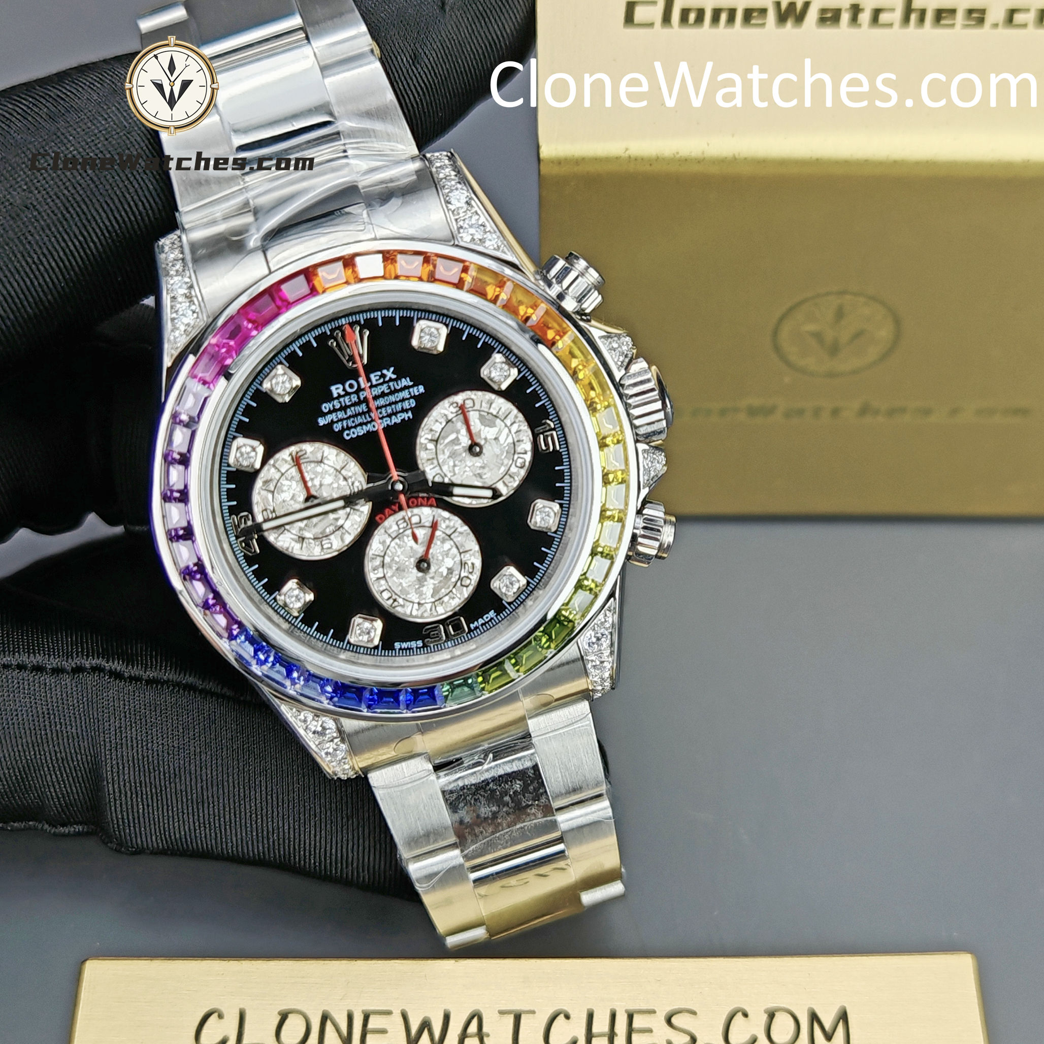 Rolex Super Clone Watches 1:1 Daytona 116599RBOW Rainbow Black Diamonds Dial 4130 Movement