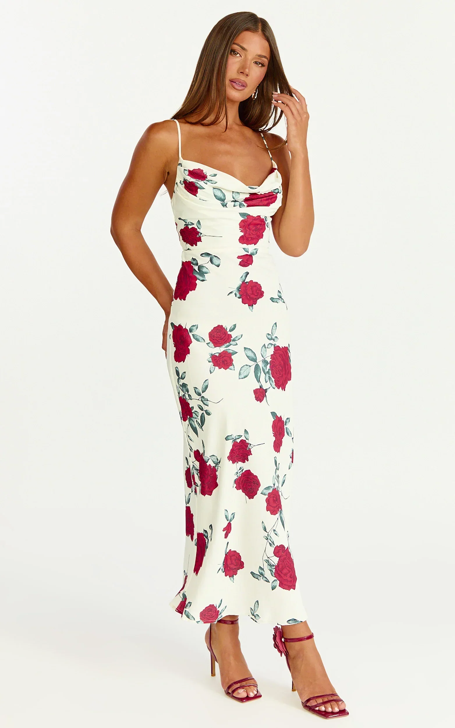 Dahlia Midi Dress - Cowl Neck A Line Dress in Scarlet Rose Print