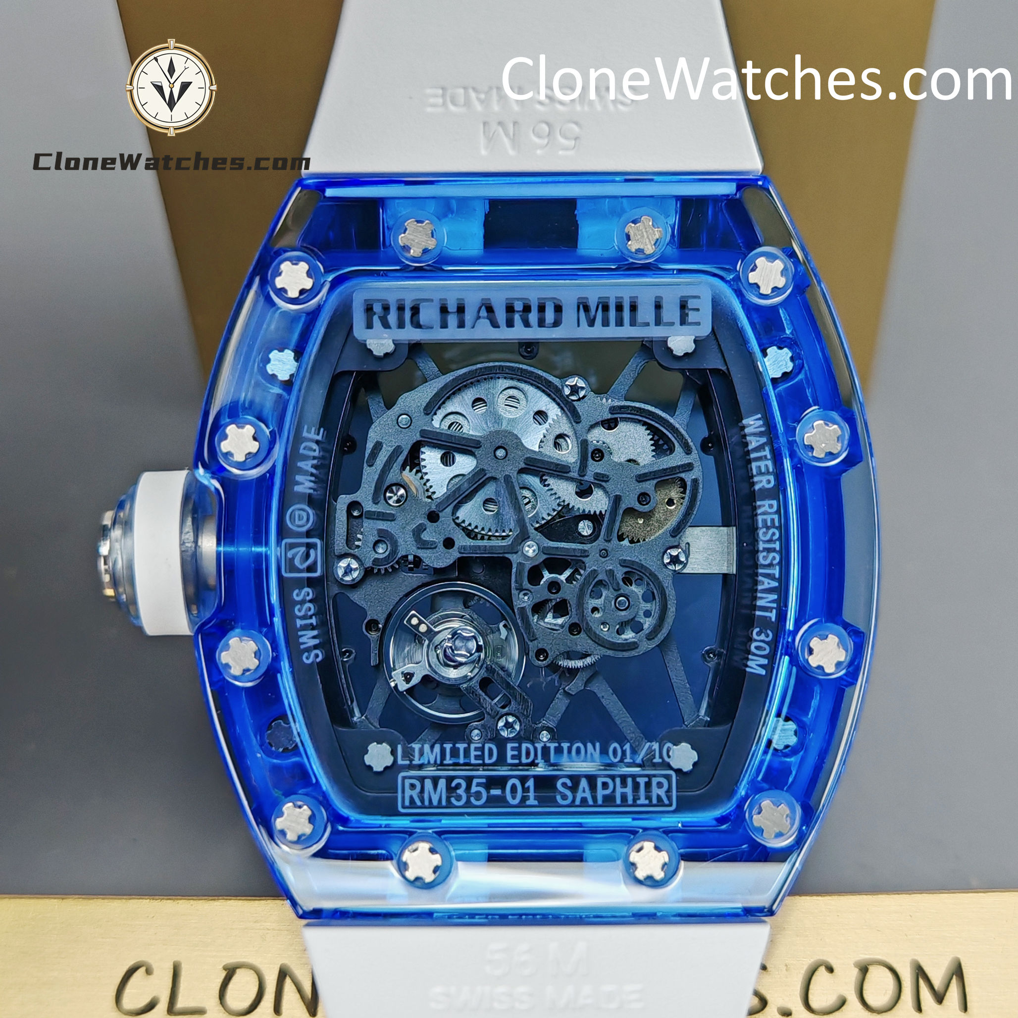 Richard Mille Super Clone Watches 1:1 RM 035 Blue Crystal Tourbillon Transparent Strap