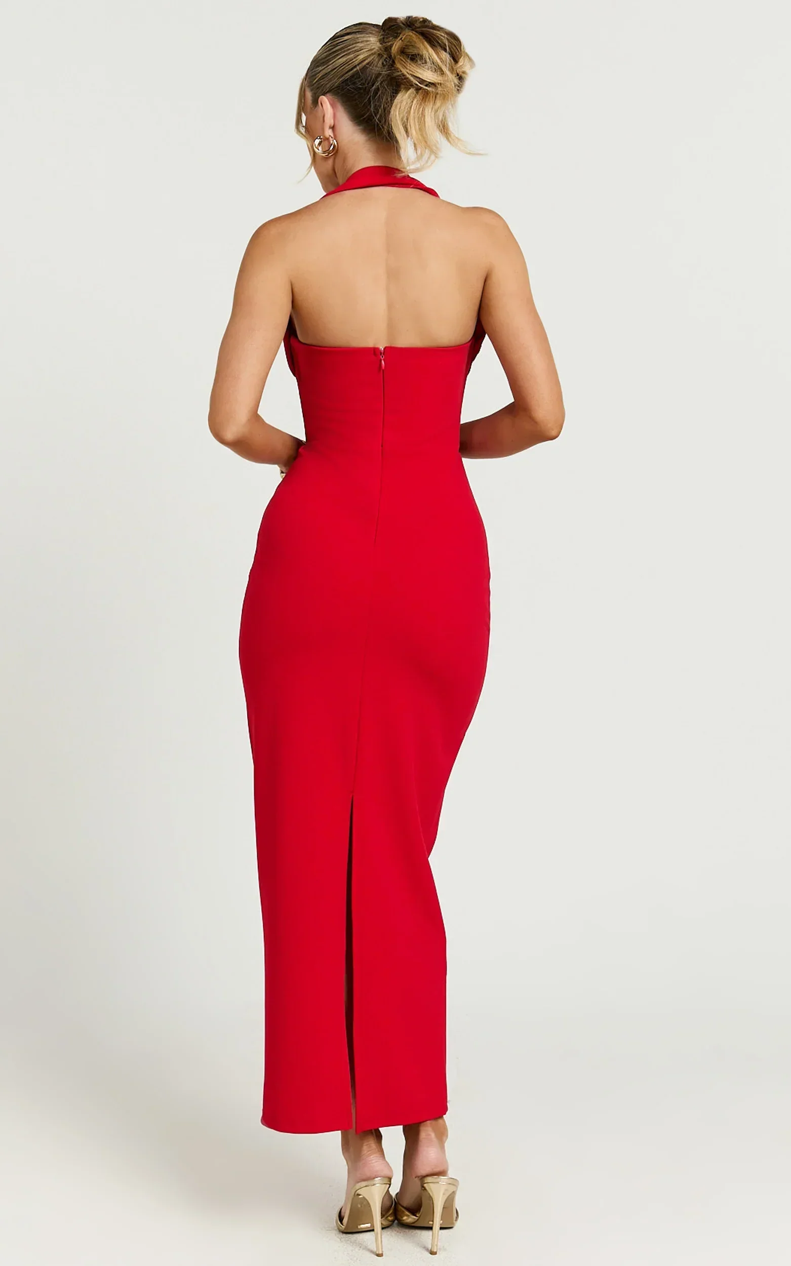 Salome Midi Dress - Halter Neck Column Dress in Red