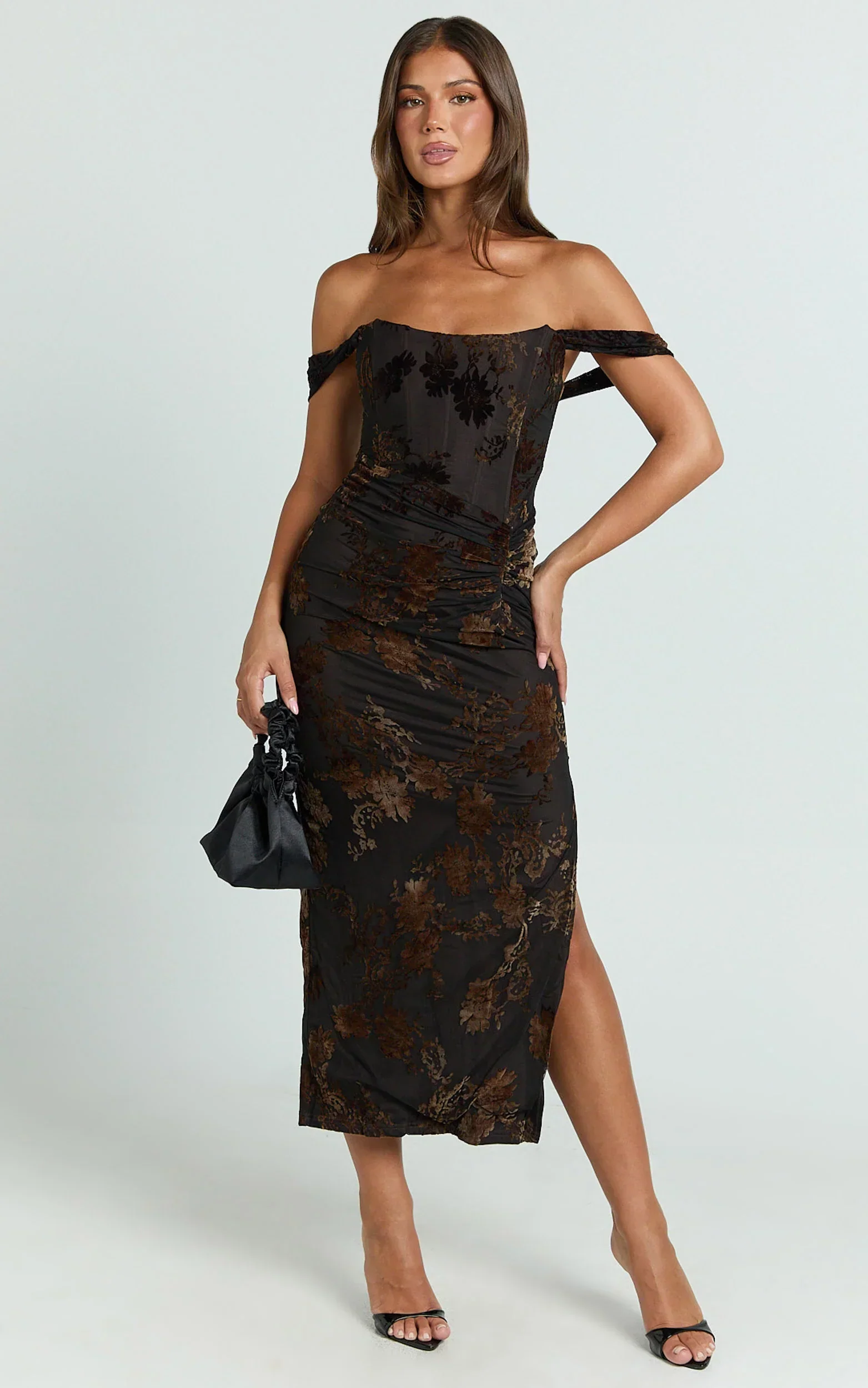 Karlene Midi Dress - Ruched Corset Burnout Dress in Black and Brown