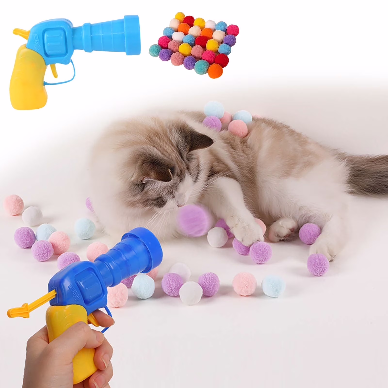 TOPRenddon 31 Pcs Cat Toy Ball Launcher Gun, Cat Fetch Toy Gun Shooter,Plush Ball Shooting Gun with 30Pcs Pom Pom Balls,Funny & Fuzzy Toys Interactive for Indoor Cats,Cat Treat Gun Teenie Toys