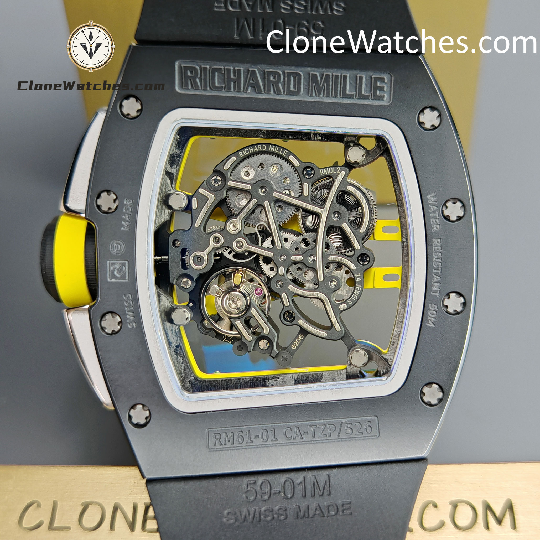 Richard Mille Super Clone Watches 1:1 RM 61-01 Black Tourbillon Black Strap