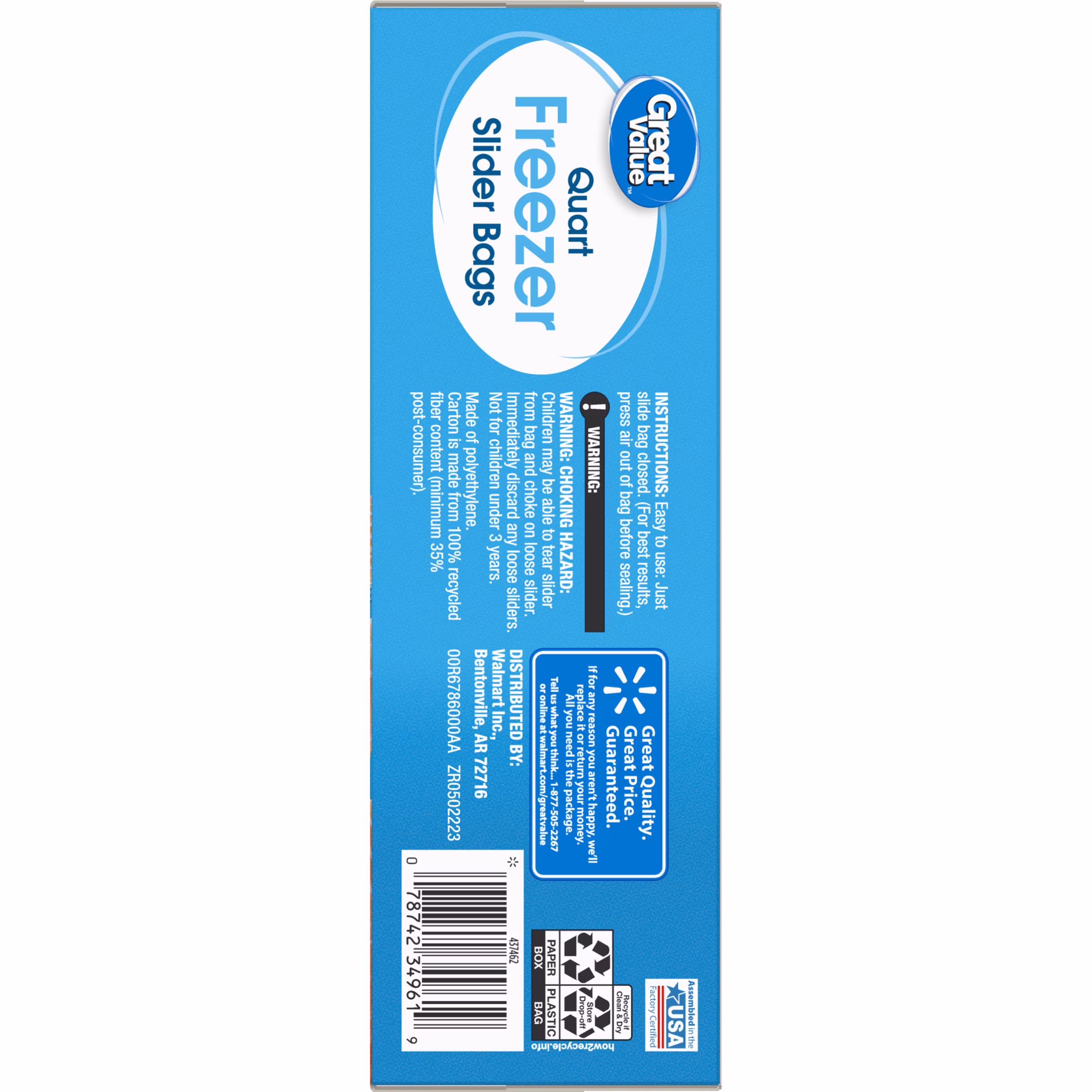 Great Value Slider Zipper Freezer Bags, Quart, 50 Count