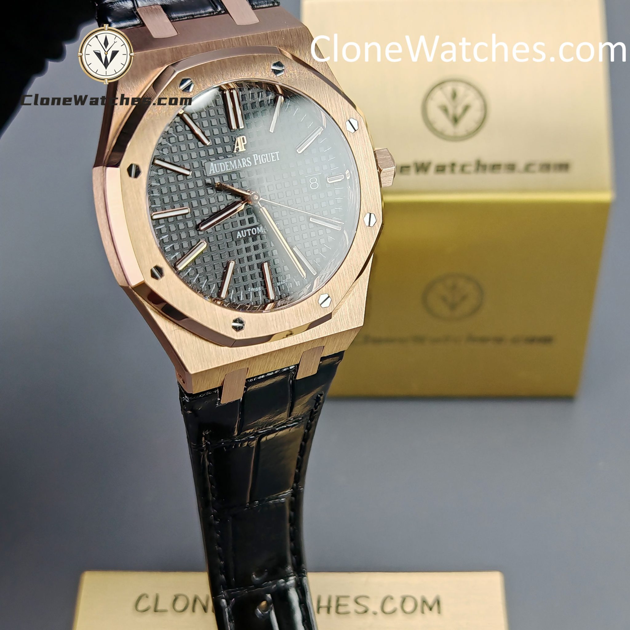 Audemars Piguet Super Clone Watches 1:1 Royal Oak Rose Gold 15400 Black Dial Rubber Strap