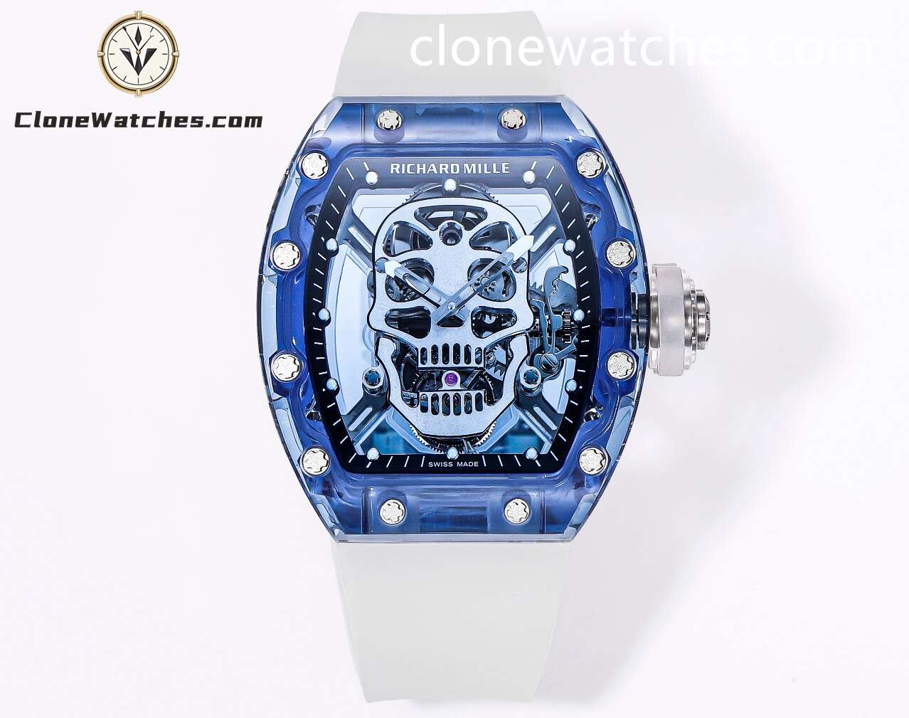 Richard Mille Super Clone Watches 1:1 RM 052 Blue Crystal Full Transparent Tourbillon White Strap