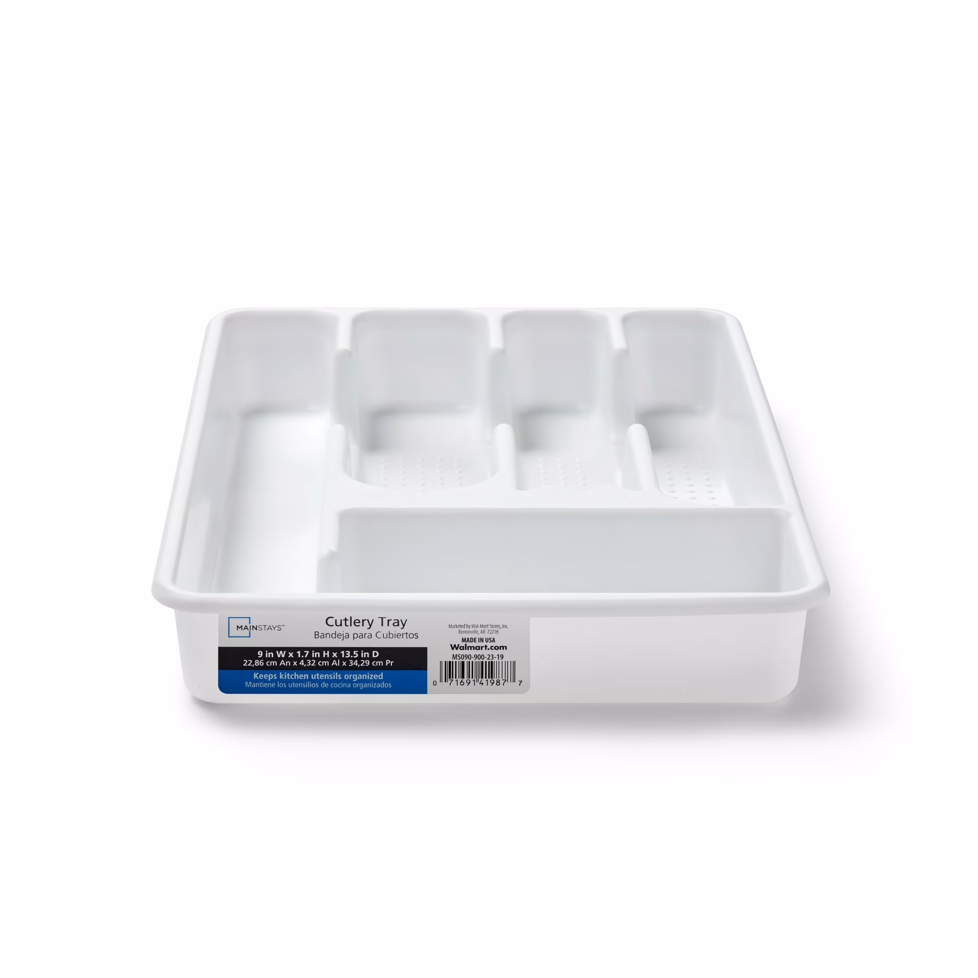Mainstays Plastic 5-Compartment Kitchen Drawer Organizer for Cutlery and Flatware, White, 9 in x 13.5 in