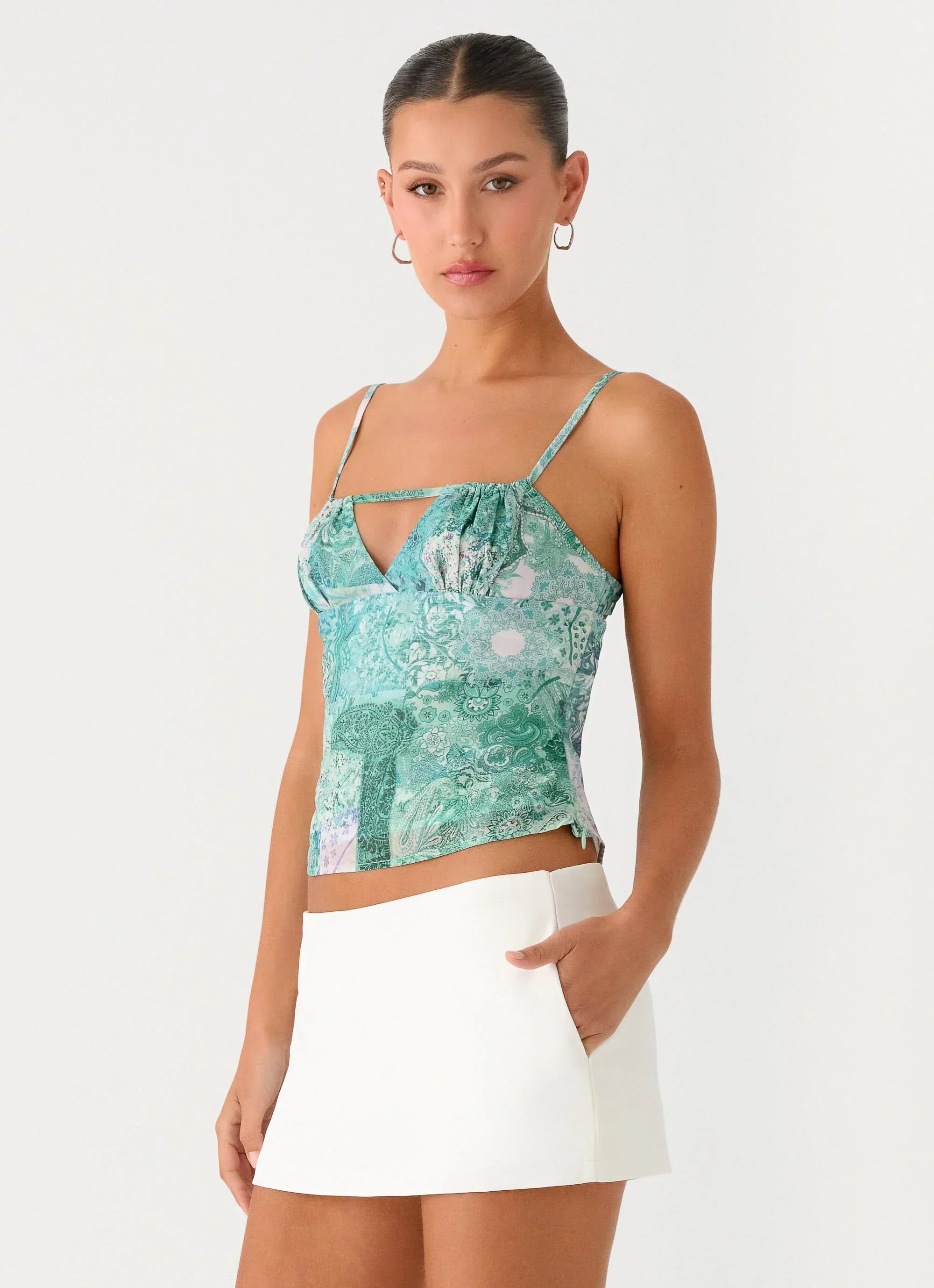 Nalini Ruched Neckline Top - Green Paisley