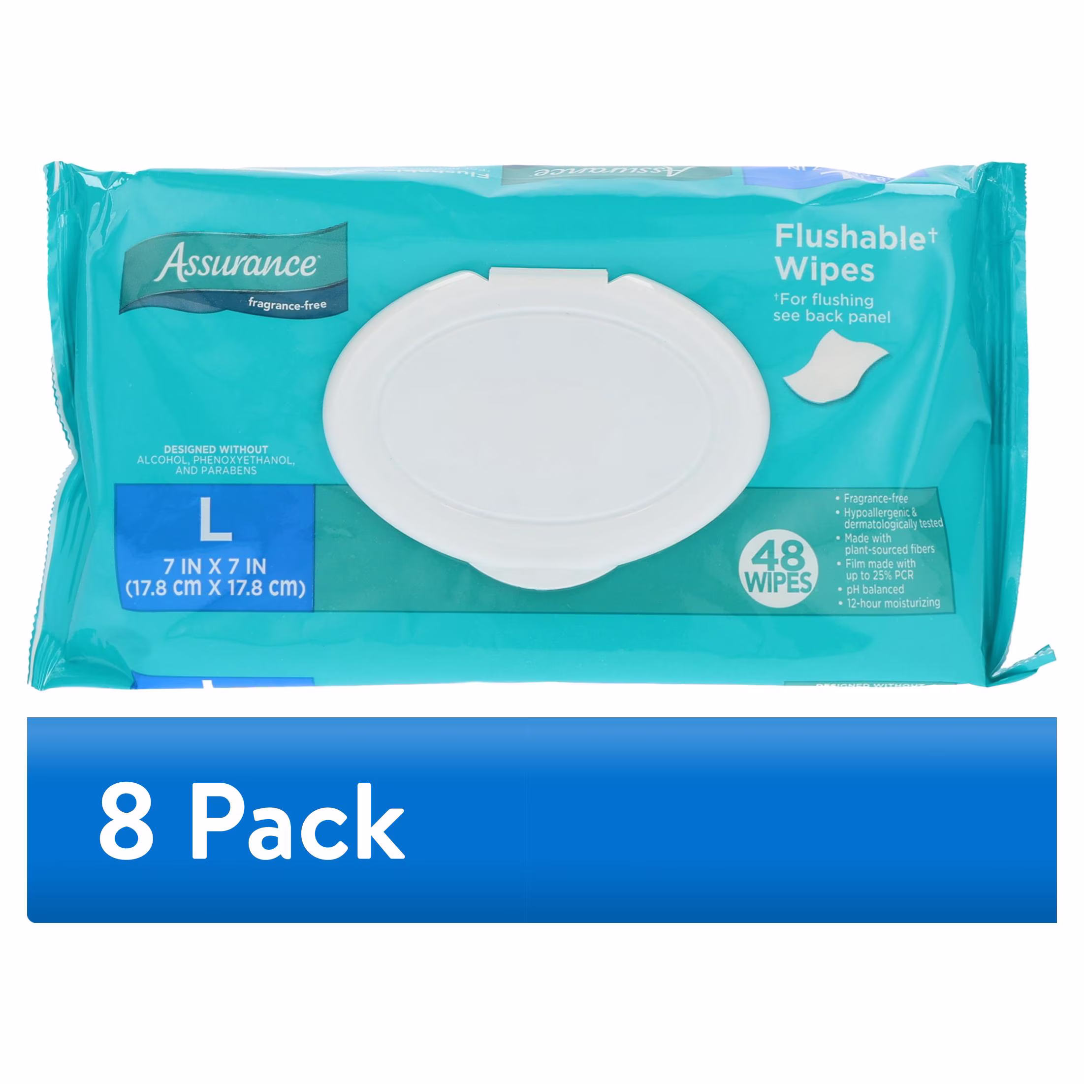 Assurance Large Flushable Wet Wipes, Fragrance Free, 48 Count