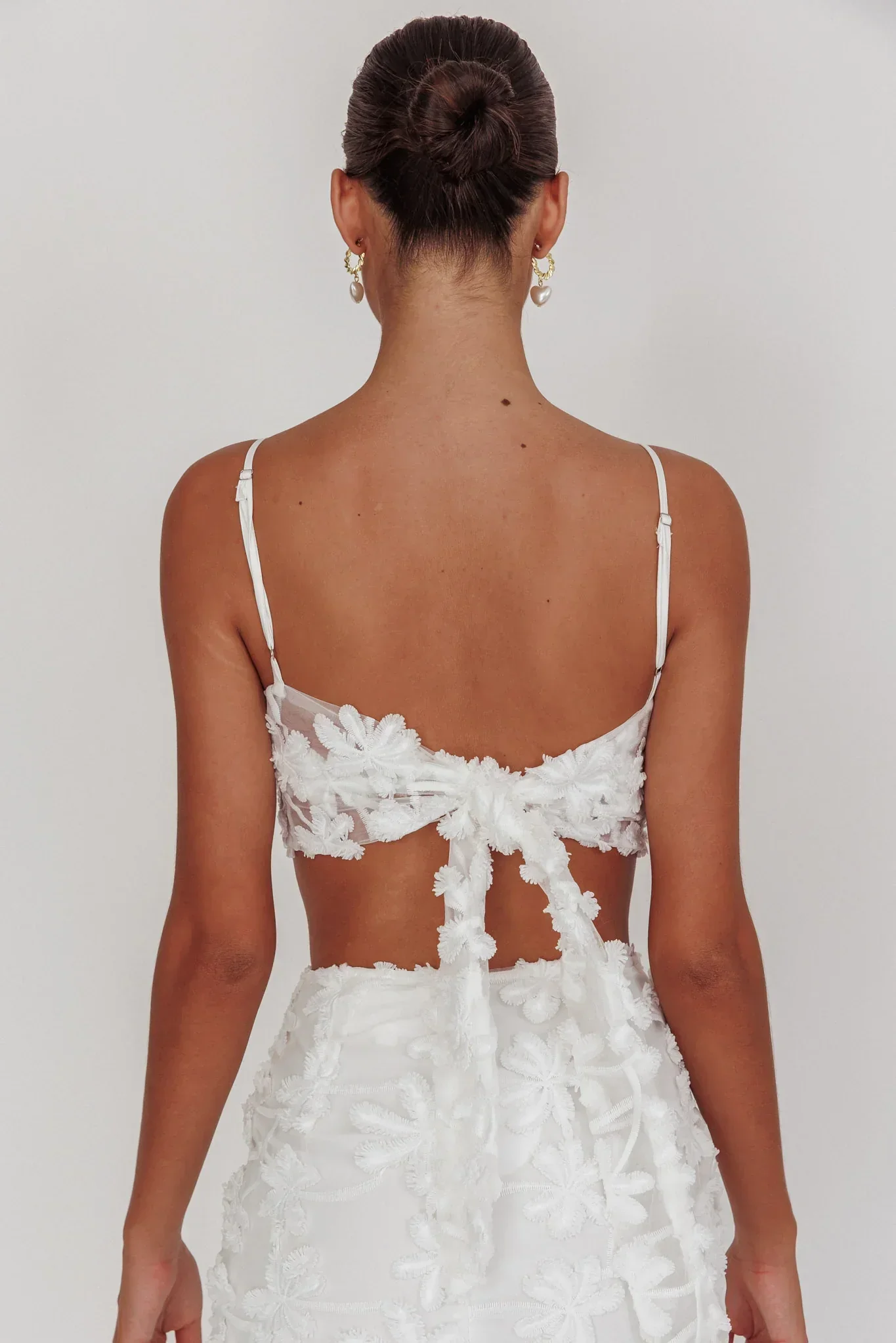 Casi Tied Back Crop Top Embroidered White