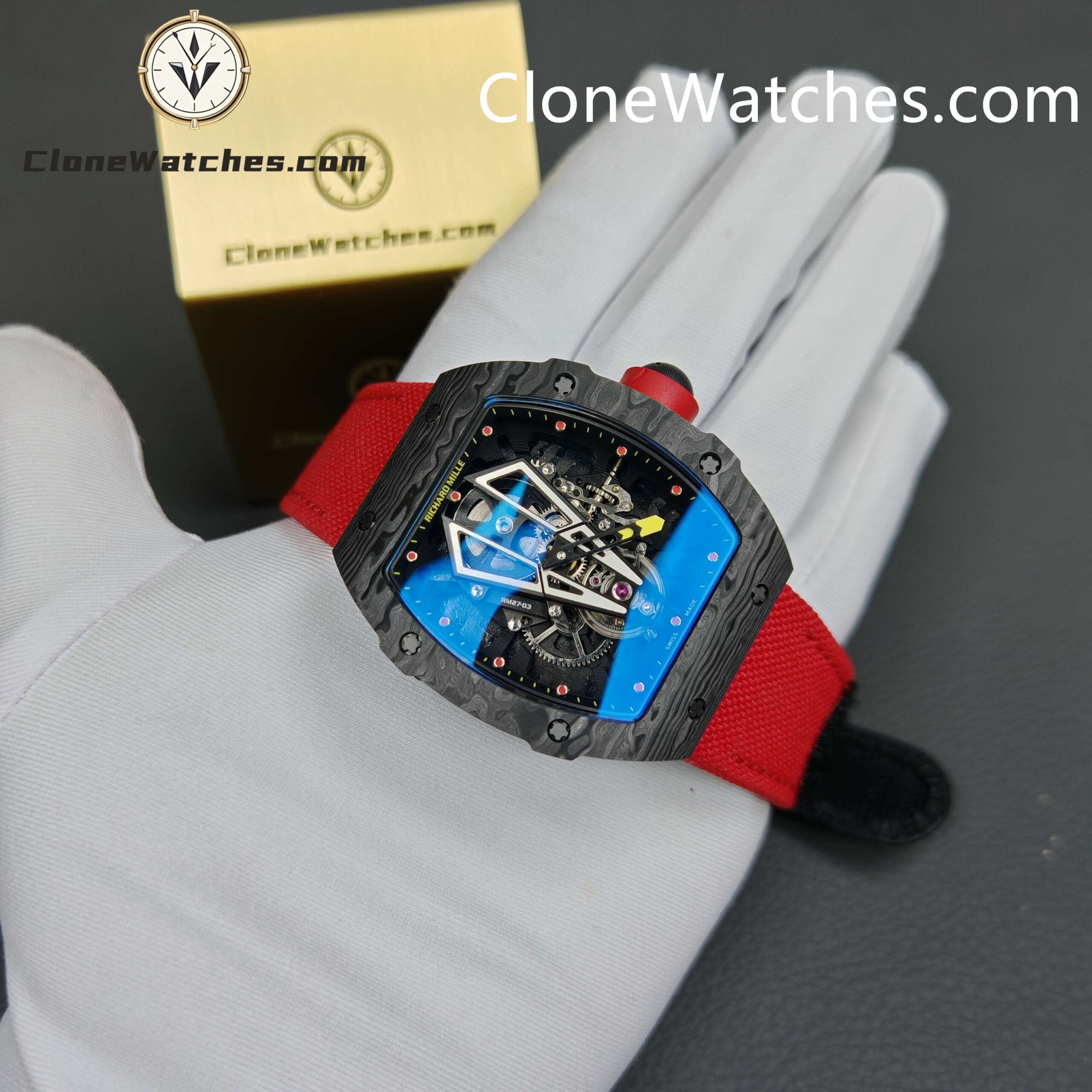 Richard Mille Super Clone Watches 1:1 RM 027 – 03 Carbon Tourbillon Red Strap