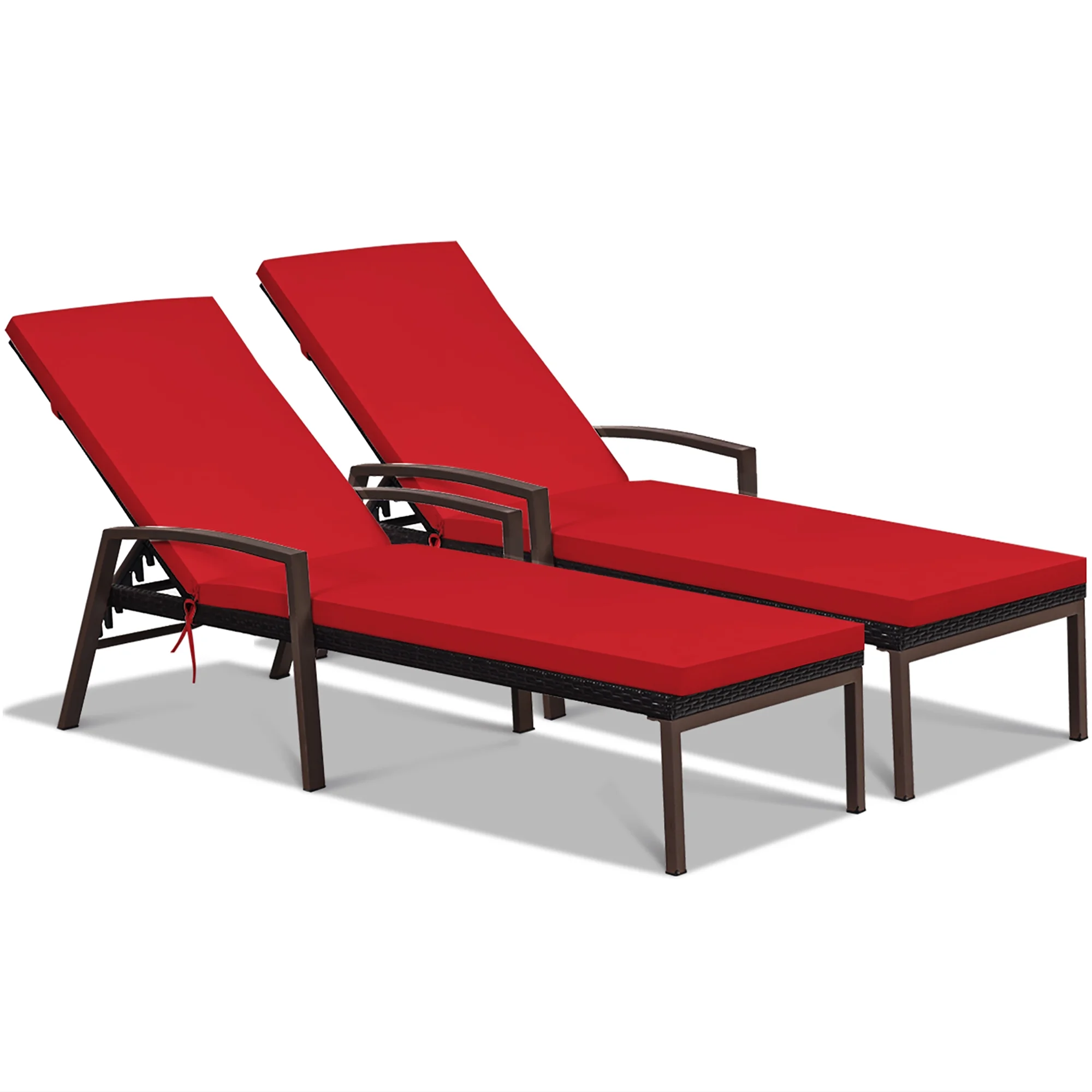 Costway 2PCS Patio Rattan Lounge Chair Chaise Recliner Back Adjustable Cushioned Red