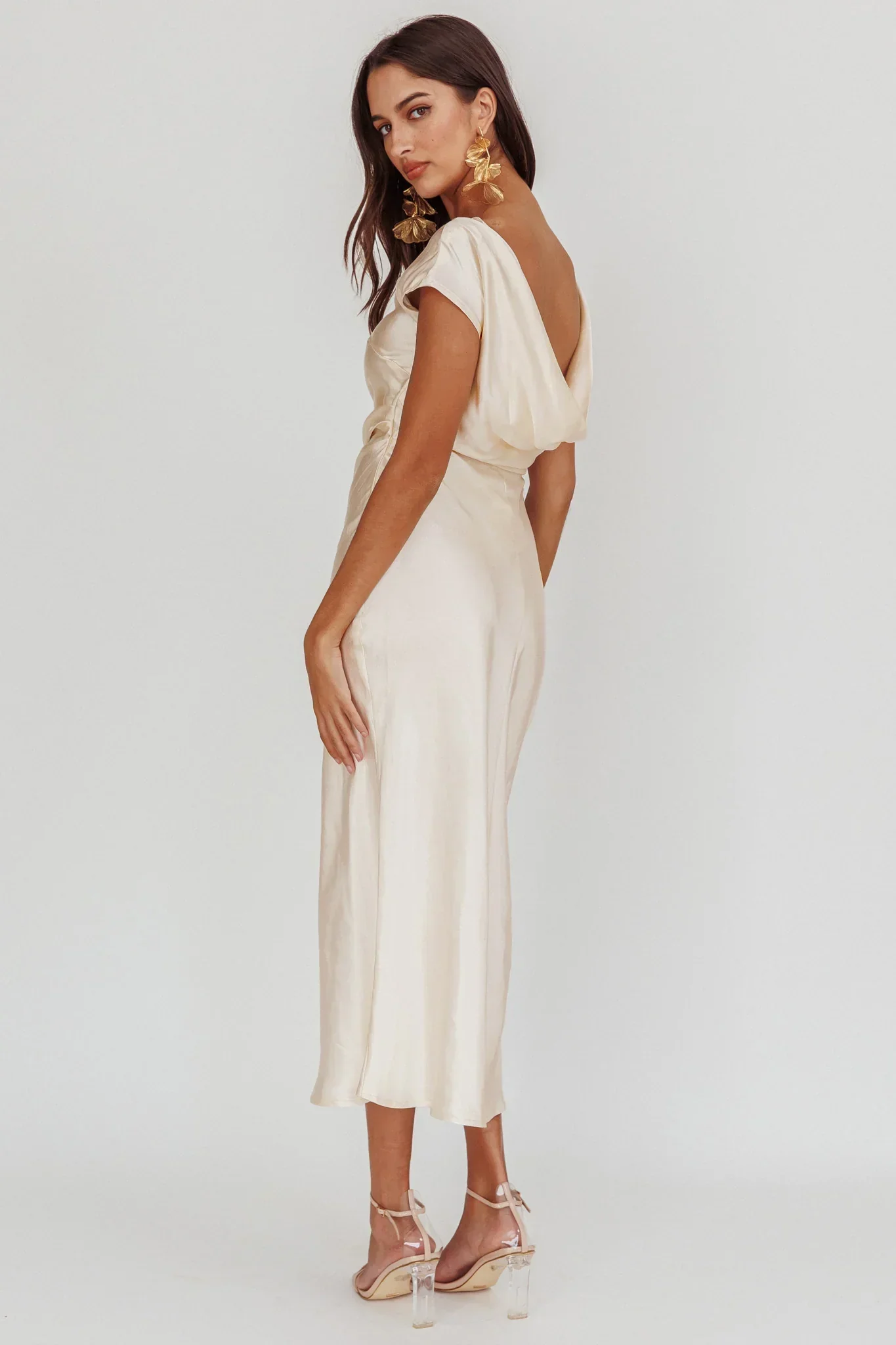 Loveland Cap Sleeve Cowl Back Midi Dress Oyster