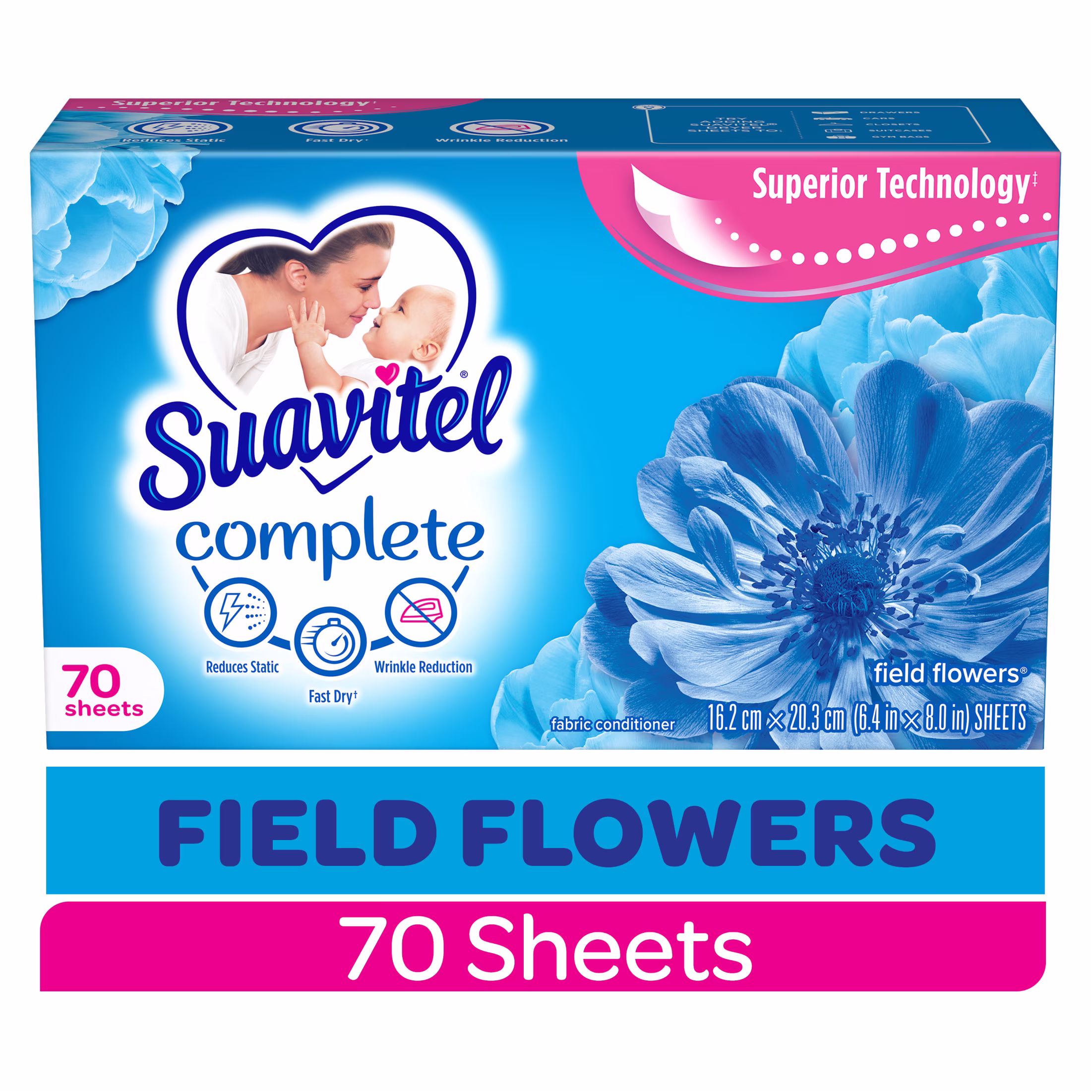 Suavitel Complete Dryer Sheets, Fabric Conditioner, Field Flowers, 70 Sheets