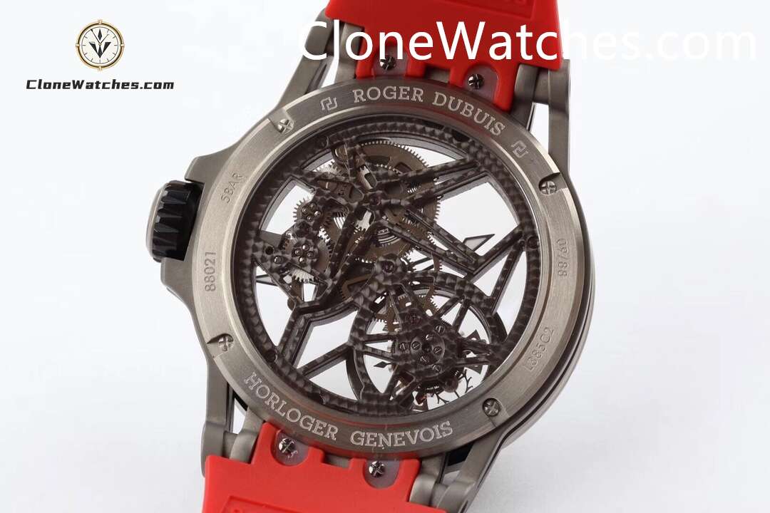 Roger Dubuis Super Clone Watches 1:1 Excalibur Skeleton Tourbillon RDDBEX0479 45MM Red Strap