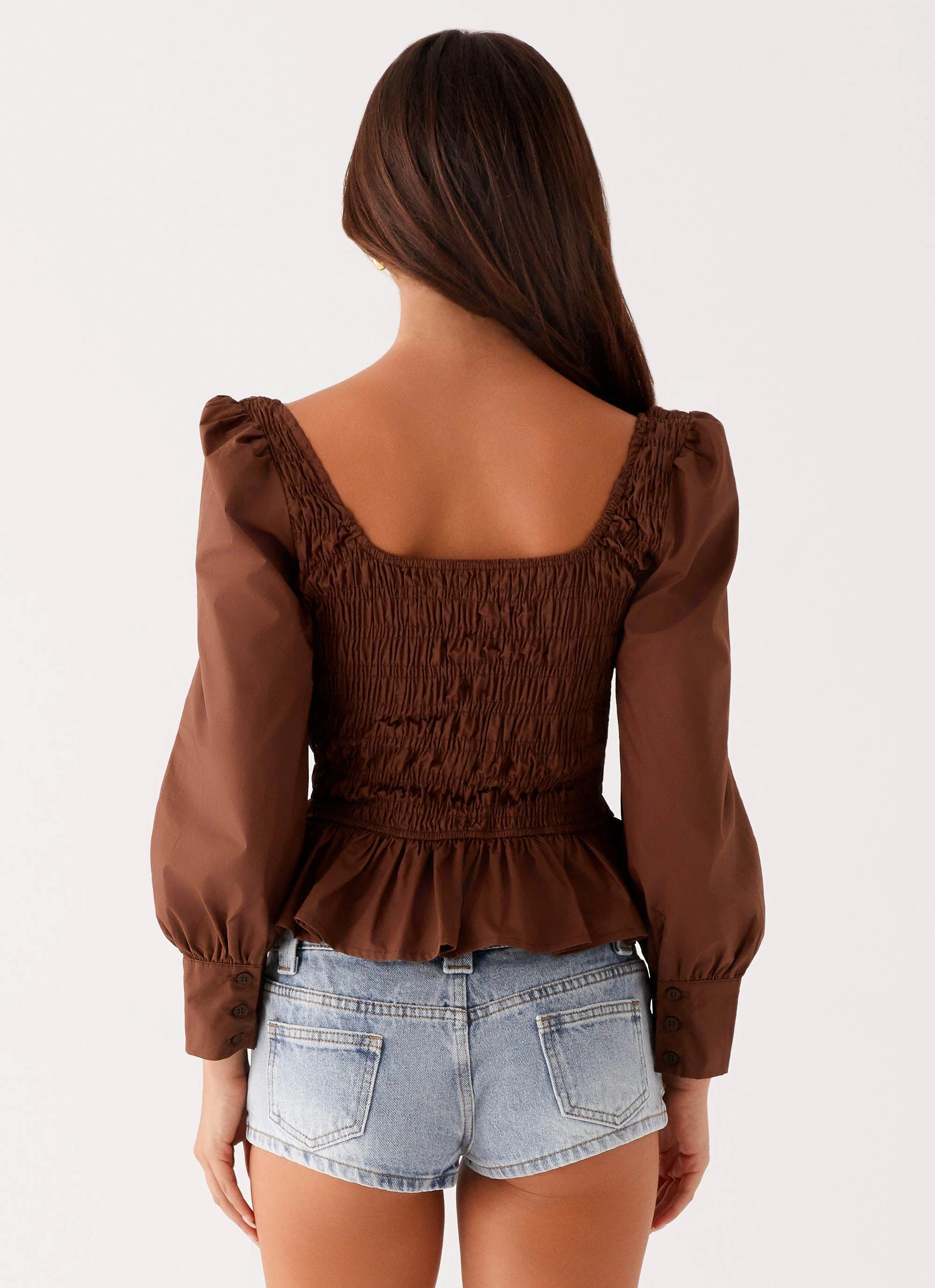 Joyce Long Sleeve Cotton Shirred Top - Chocolate
