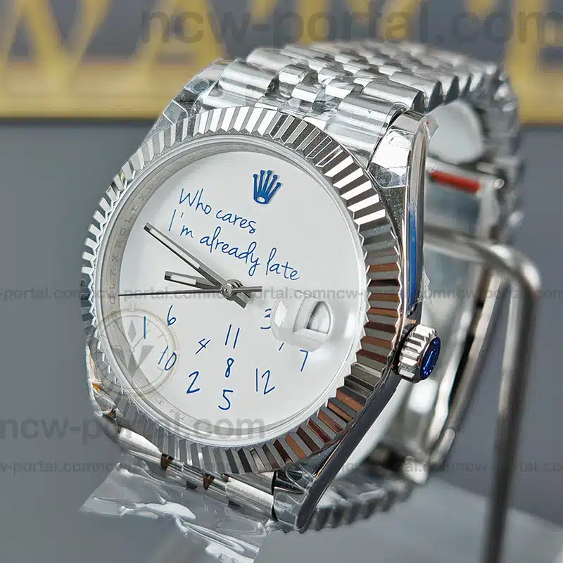Rolex Super Clone Watches 1:1 DateJust “Who Cares I’m Already Late” White Custom Dial m126334 Jubilee 41MM 3235 Movement