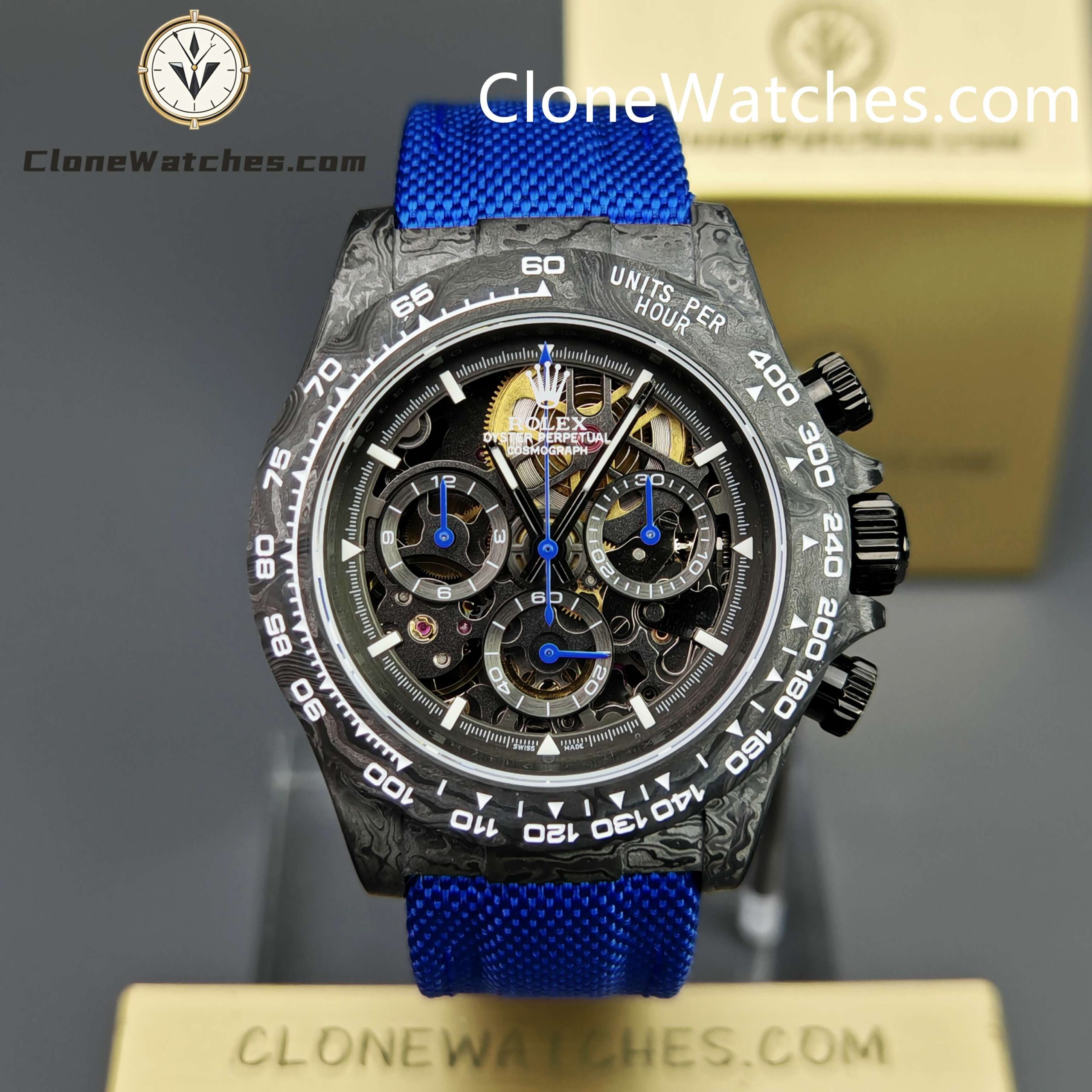 Modified Super Clone Watches 1:1 GET Rolex Daytona Skeleton Dial 4130 Movement Blue Strap