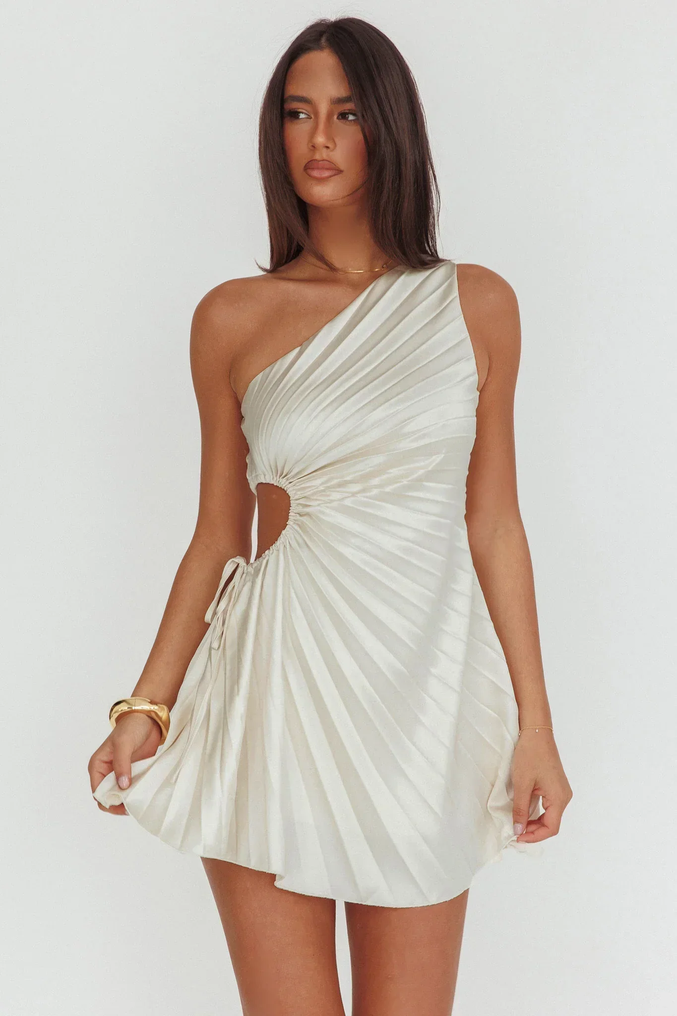Glow Ray One-Shoulder Pleat Dress Champagne