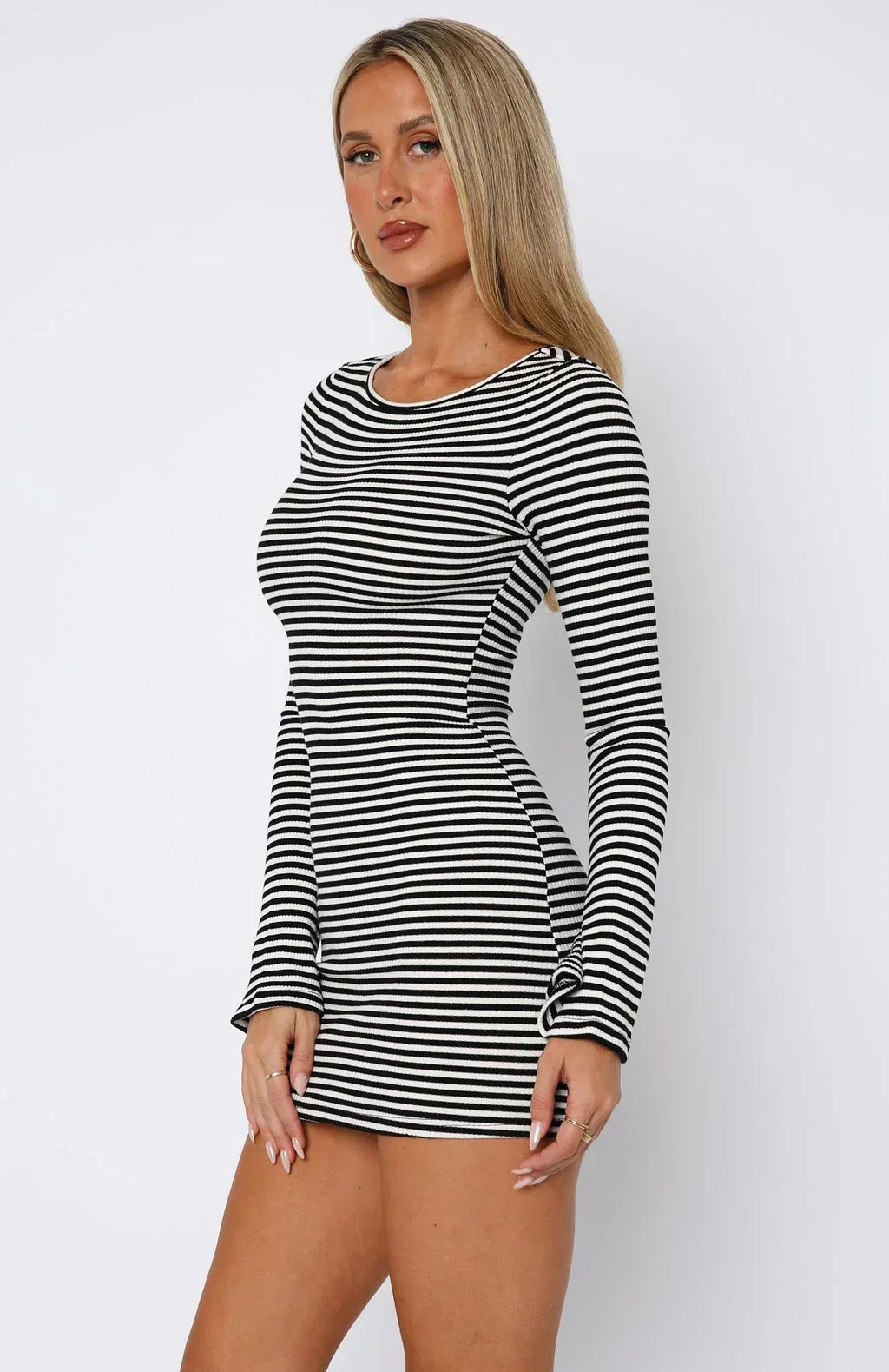 Lost Files Long Sleeve Mini Dress Black/White Stripe