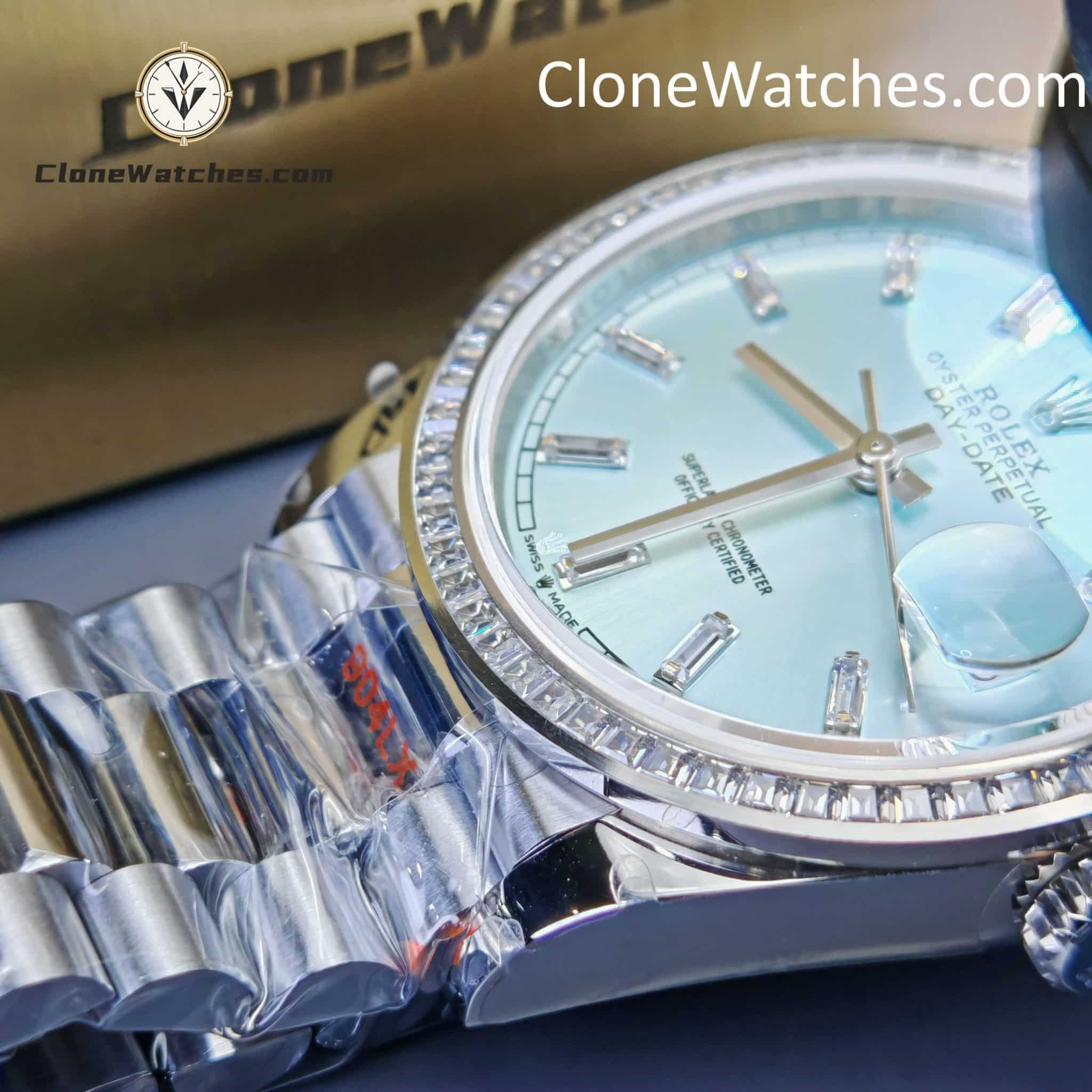 Rolex Super Clone Watches 1:1 Day Date Ice Blue Diamond Bezel Dial 36mm m128396tbr-0003 3255 Movement