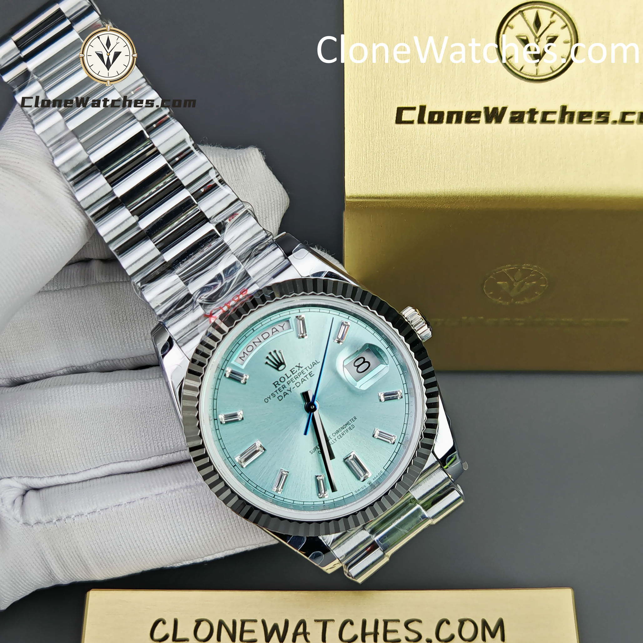 Rolex Super Clone Watches 1:1 Day Date Ice Blue Diamond Dial 40mm m228236-0006 3255 Movement