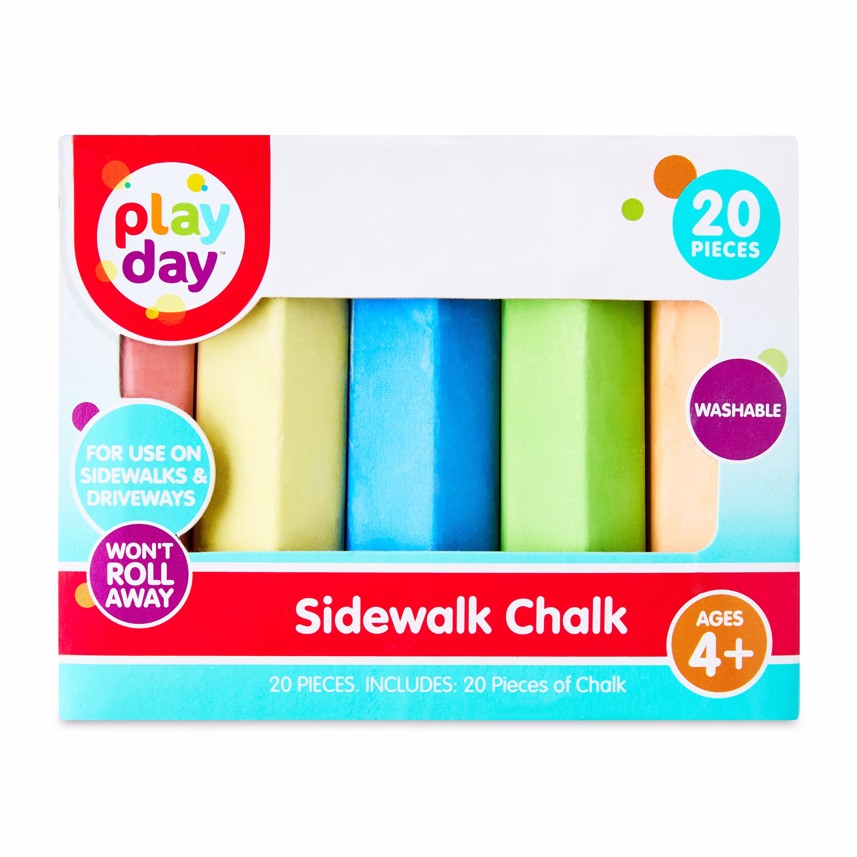 Play Day Sidewalk Chalk, 20 Count, 6 Colors, Multicolor