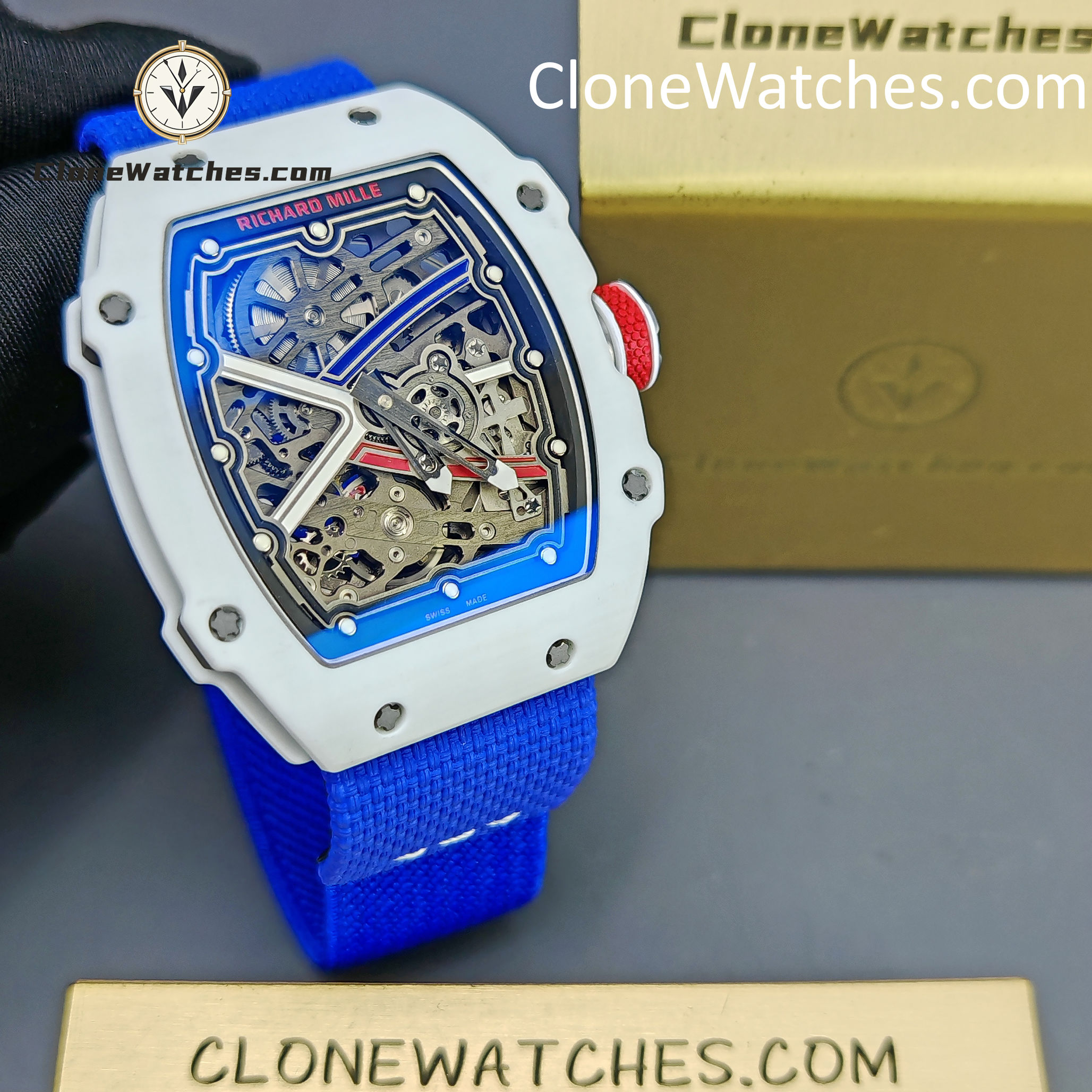 Richard Mille Super Clone Watches 1:1 RM 67 – 02 White Carbon Tourbillon Blue Strap