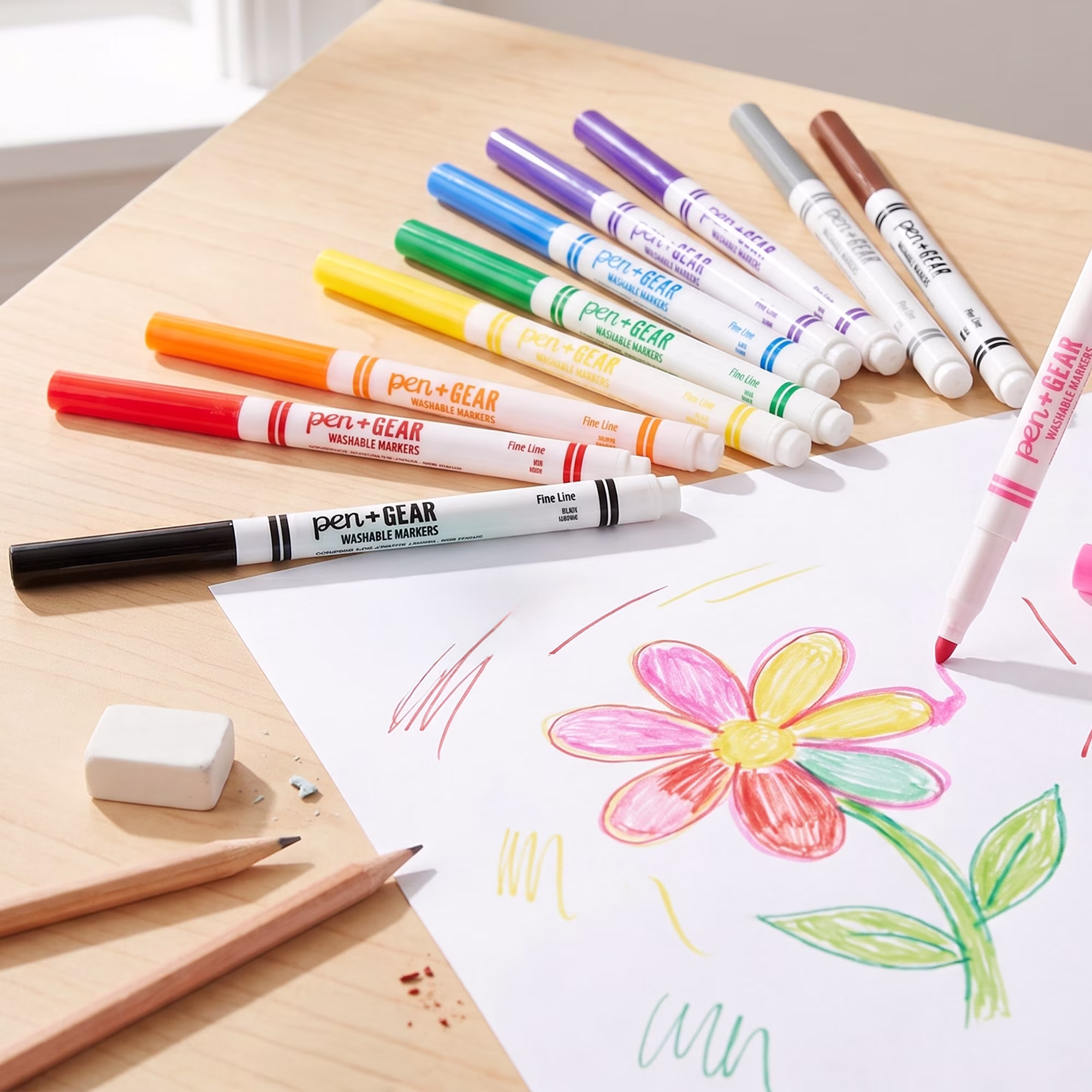 Pen+Gear Washable Markers, Fine Tip, Assorted Colors, 10 Count
